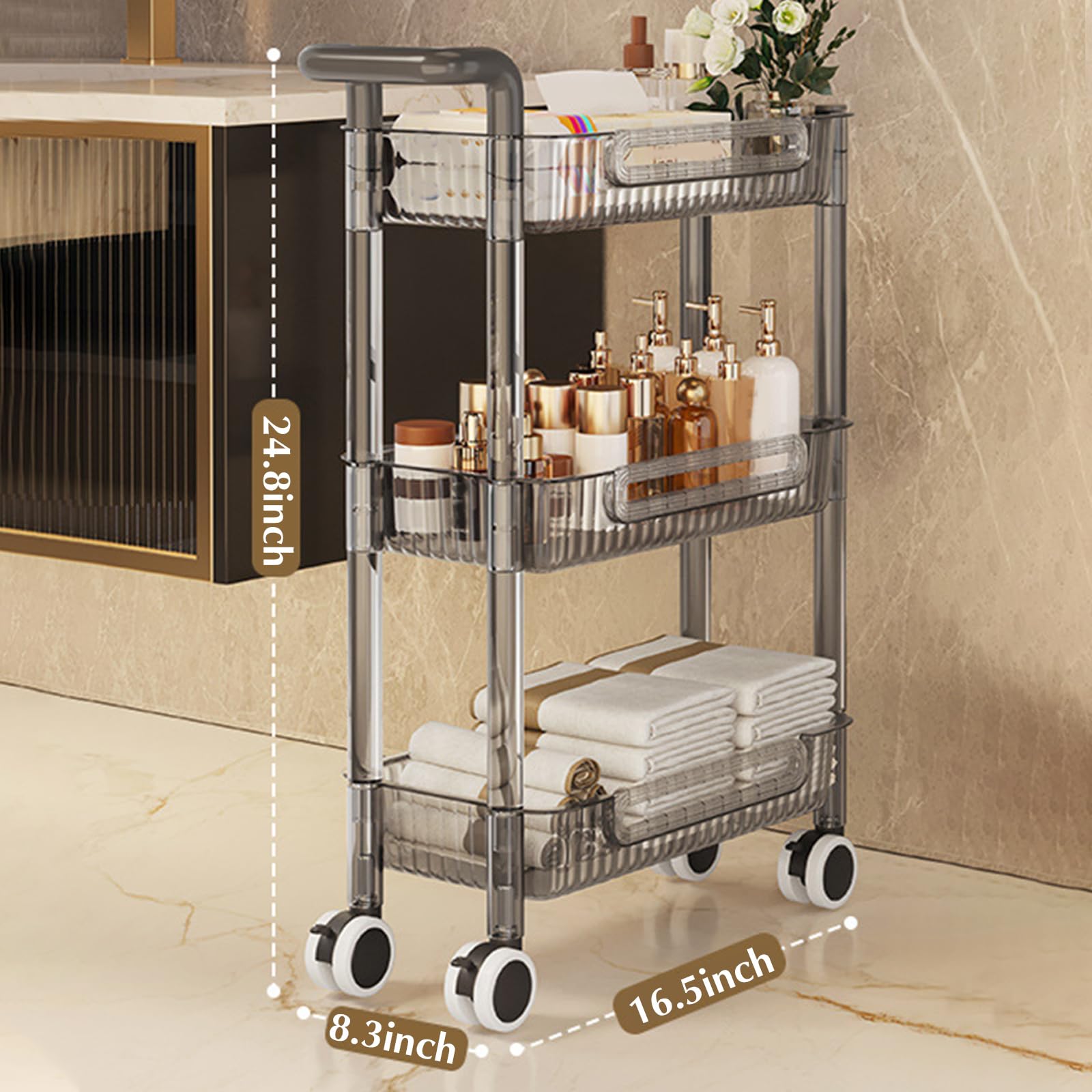 Carrello Portaoggetti Sottile, Carrello Multiuso in Acrilico per Bagno da Cucina con Scaffalatura Mobile Multifunzione con Maniglia,Grigio,3 Tier