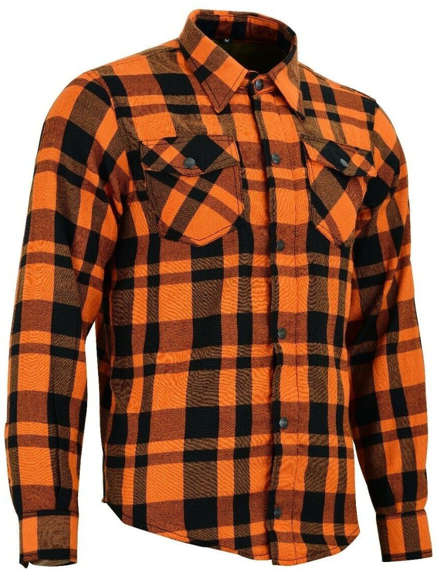 Speed MaxX Mens Orange/Black Lumberjack with Reinforced CE Armour Protection Motorbike/Motorcycle Check Shirt (UK, Alpha, 4XL, Regular, Regular, Orange/Black)