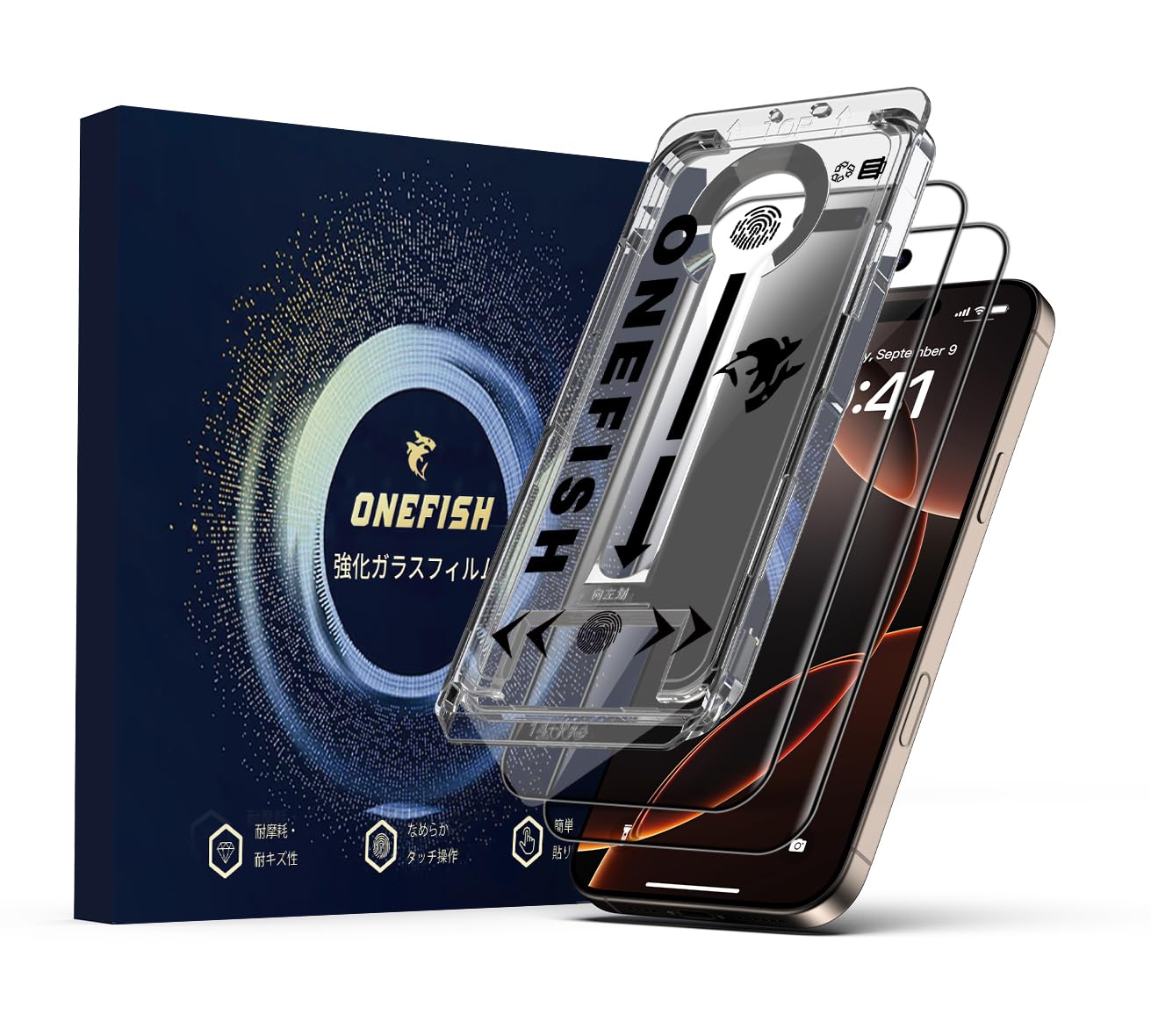 【光沢仕様】Onefish iPhone 16 Pro用強化ガラススクリーンプロテクター、HD透明、気泡なし、簡単なインストール、自動ほこり除去、抗指紋、抗飛散、抗スクラッチ、2枚