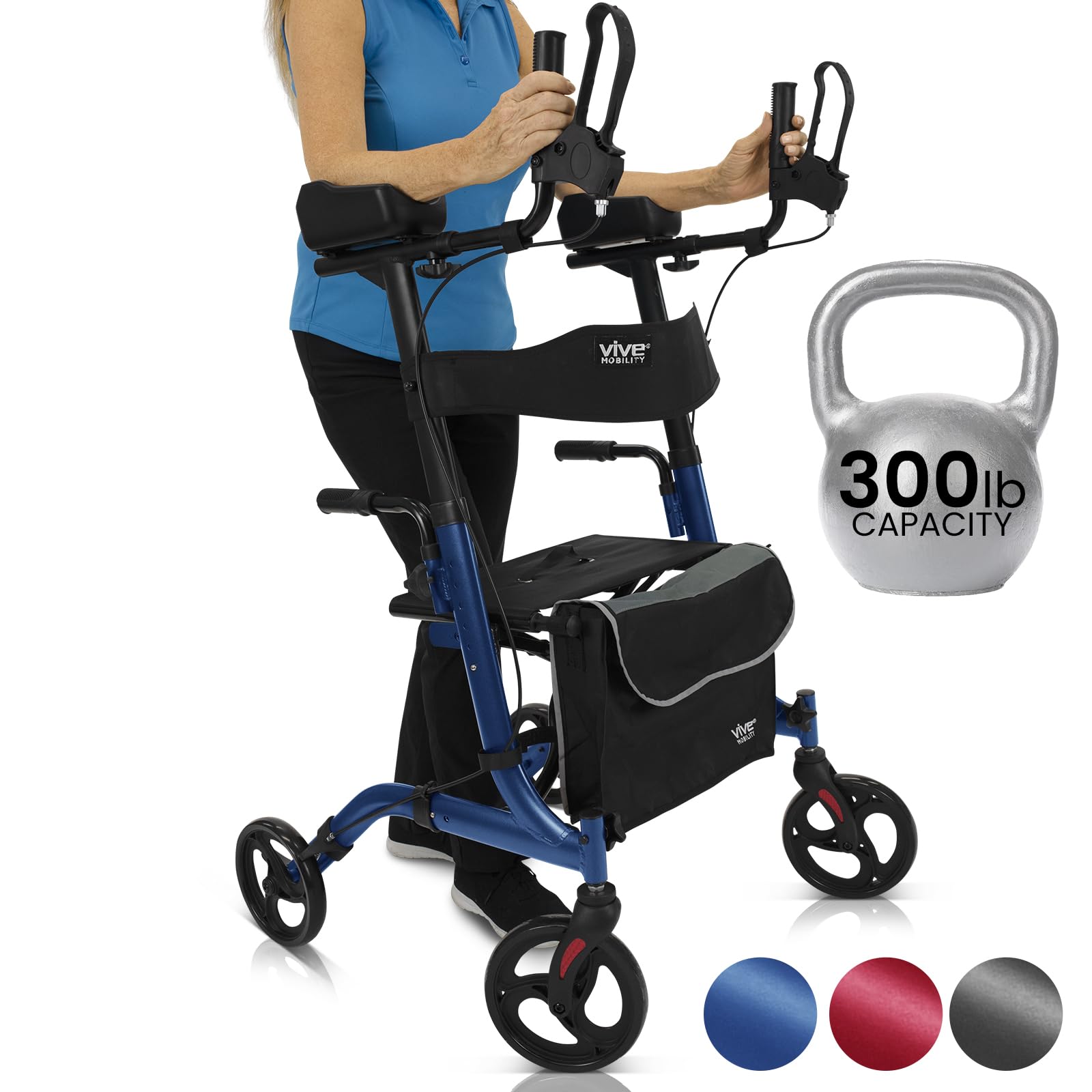 Vive Mobility Upright Walker with Seat, for Seniors, Women - Stand Up Rollator, Arm Rests, Heavy Duty, Folding Medical Aid Scooter for Elderly, Seniors - Walking Foldable Assist (Blue, Black Bag)