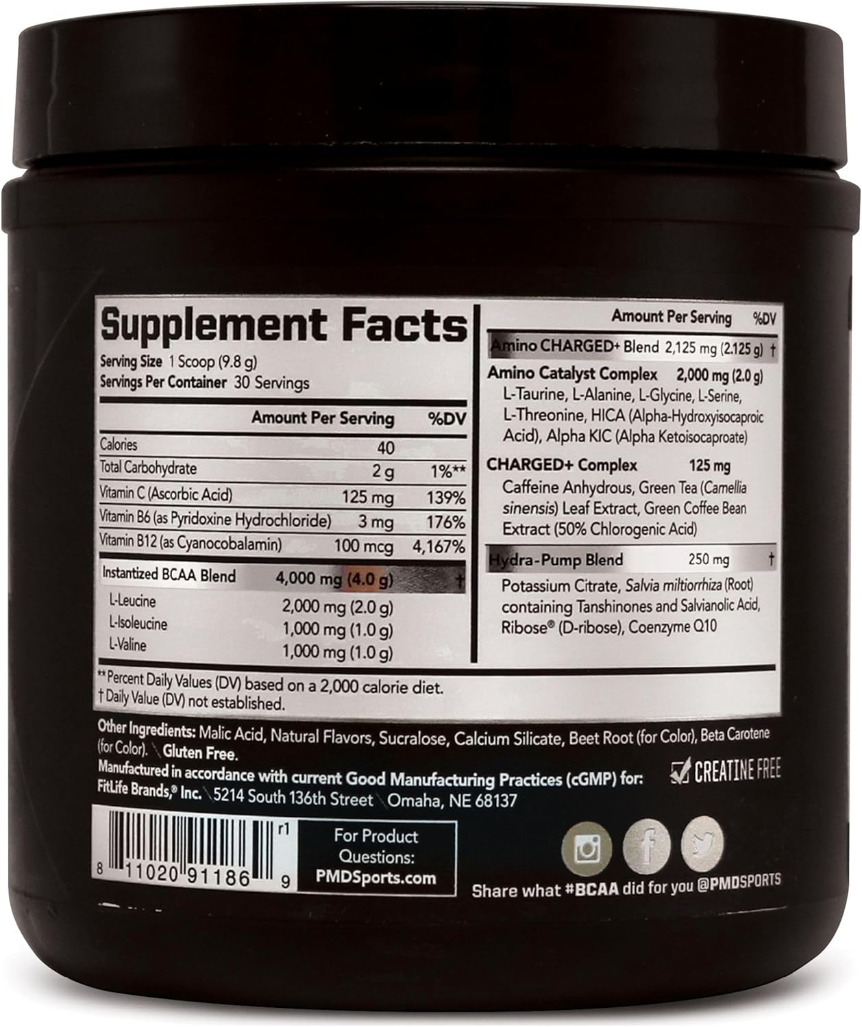 PMD Sports BCAA Charged Delicious Amino Acid Drink Mix for Performance and Recovery - Increase Muscle Function for Workout and Daily Energy - Sour Peach Ring (30 Servings)