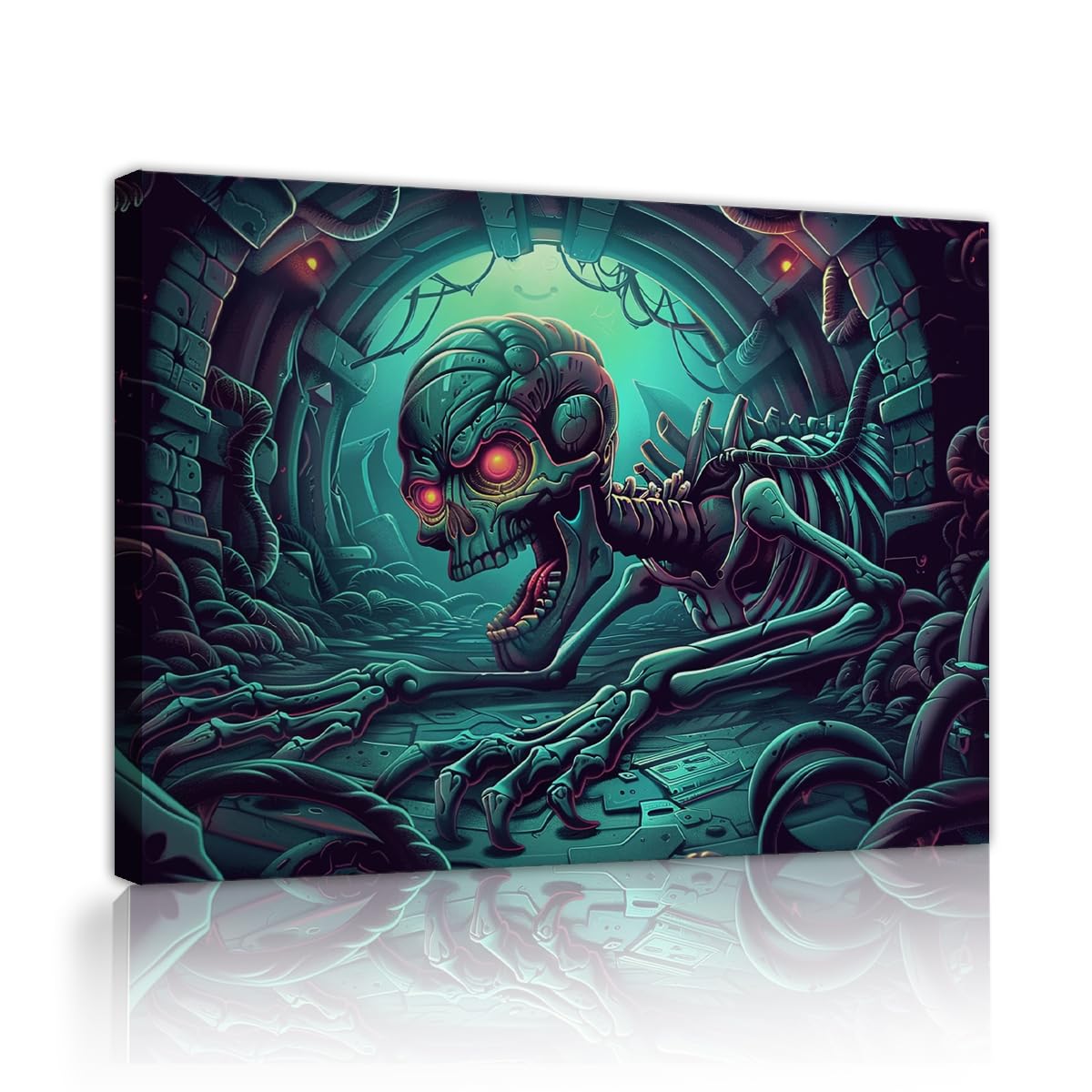 YUNART Psychedelic Wasteland Skull Canvas Wall Art Exotic Green Skeleton Psychedelic Trippy Aesthetic Wall Decor for Living Room Game Room 80x105cm Innerframe