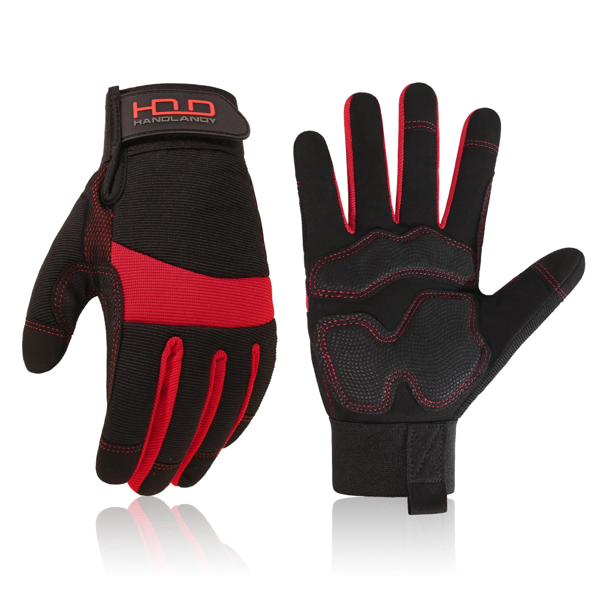 HANDLANDY Anti Vibration Safety Work Gloves for Men Women, Breathable Flexible Spandex Back, Touch Screen Utility Glove (XL, Red)