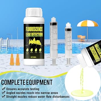 Leak Detection Dye, Drain Dye, Leak Detection Tracing Dye, 100ml | Fluorescent UV Dye for all Pool, Spa, Hot Tub Types with Syringe