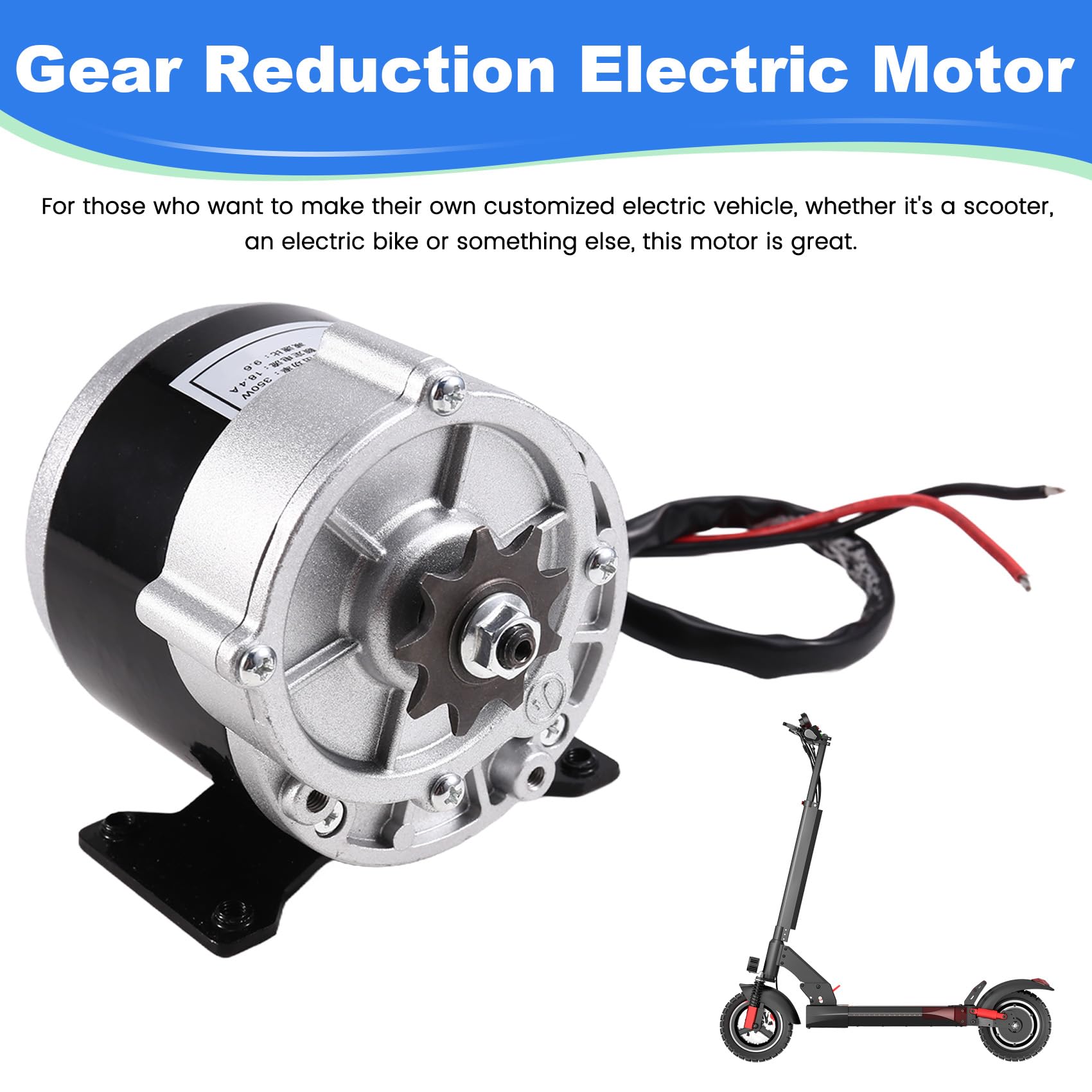 Motor Eléctrico Reductor de Engranajes de 24 V y 350 W con Piñón de 9 Dientes, Motor de CC Cepillado, Reductor Universal para Bicicletas Eléctricas y Scooters.