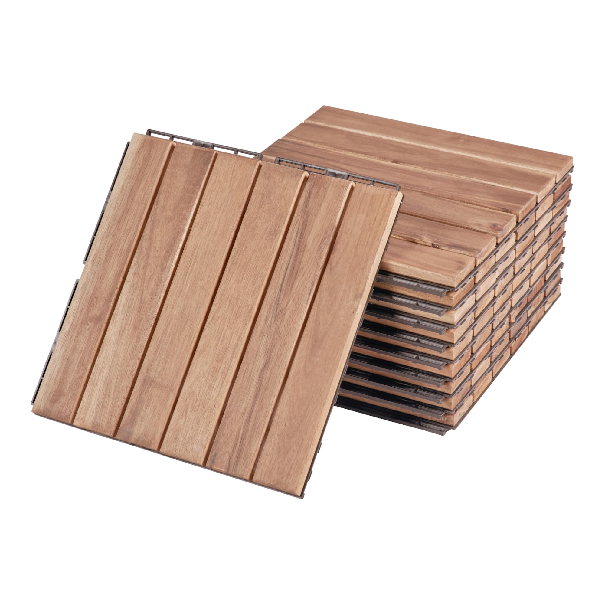 casa.pro Set de 10 Dalles en Bois avec 6 Lattes Décoratives Carreaux à Clipser Résistants pour Terrasse Balcon Jardin Sauna Piscine Bois d'Acacia Surface Totale 0,9 m² Naturel