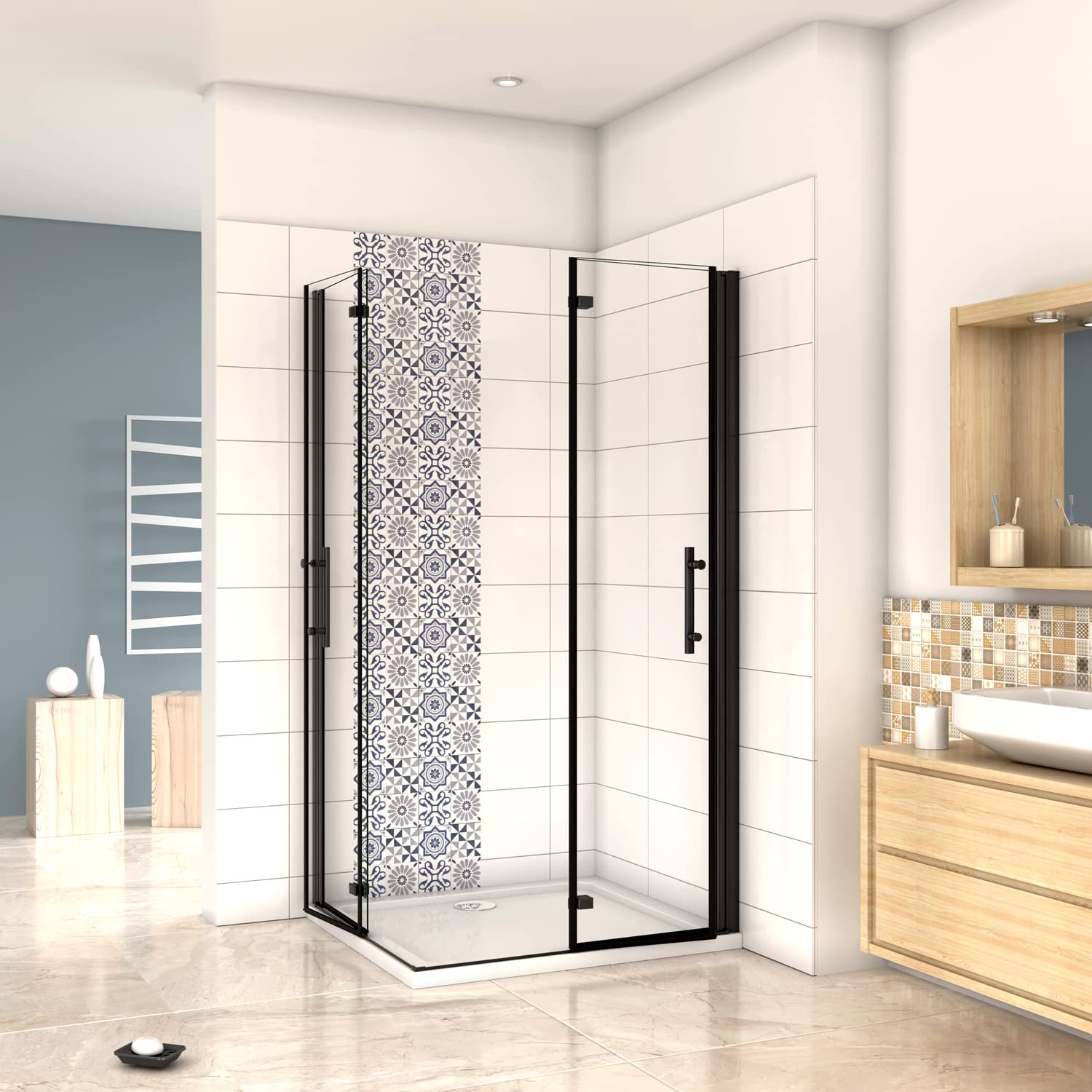 190cm Box Doccia Angolare Doppia Porta Battente Pieghevole 120x80cm in Vetro Temperato Trasparente 5 mm Anticalcare Telaio Nero Opaco
