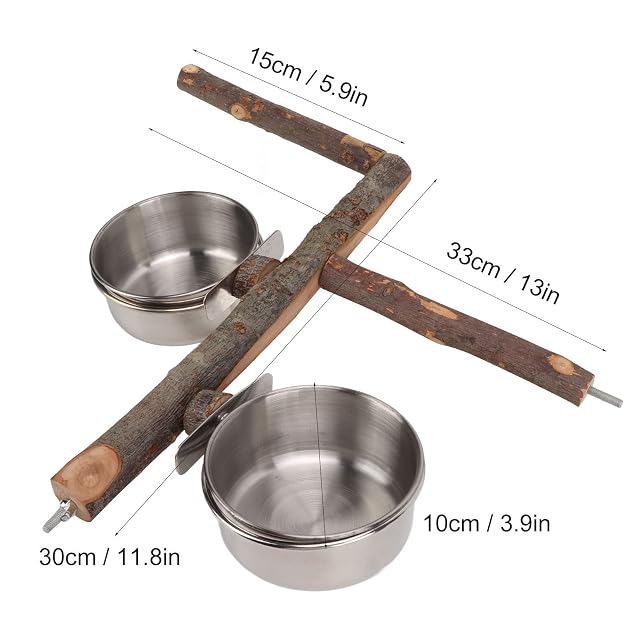 Foto 3 de 8 de Cuenco de Alimentación para Pájaros, 33cm, Diseño de Loros, Soporte de Madera y Cuenco de Acero Inoxidable