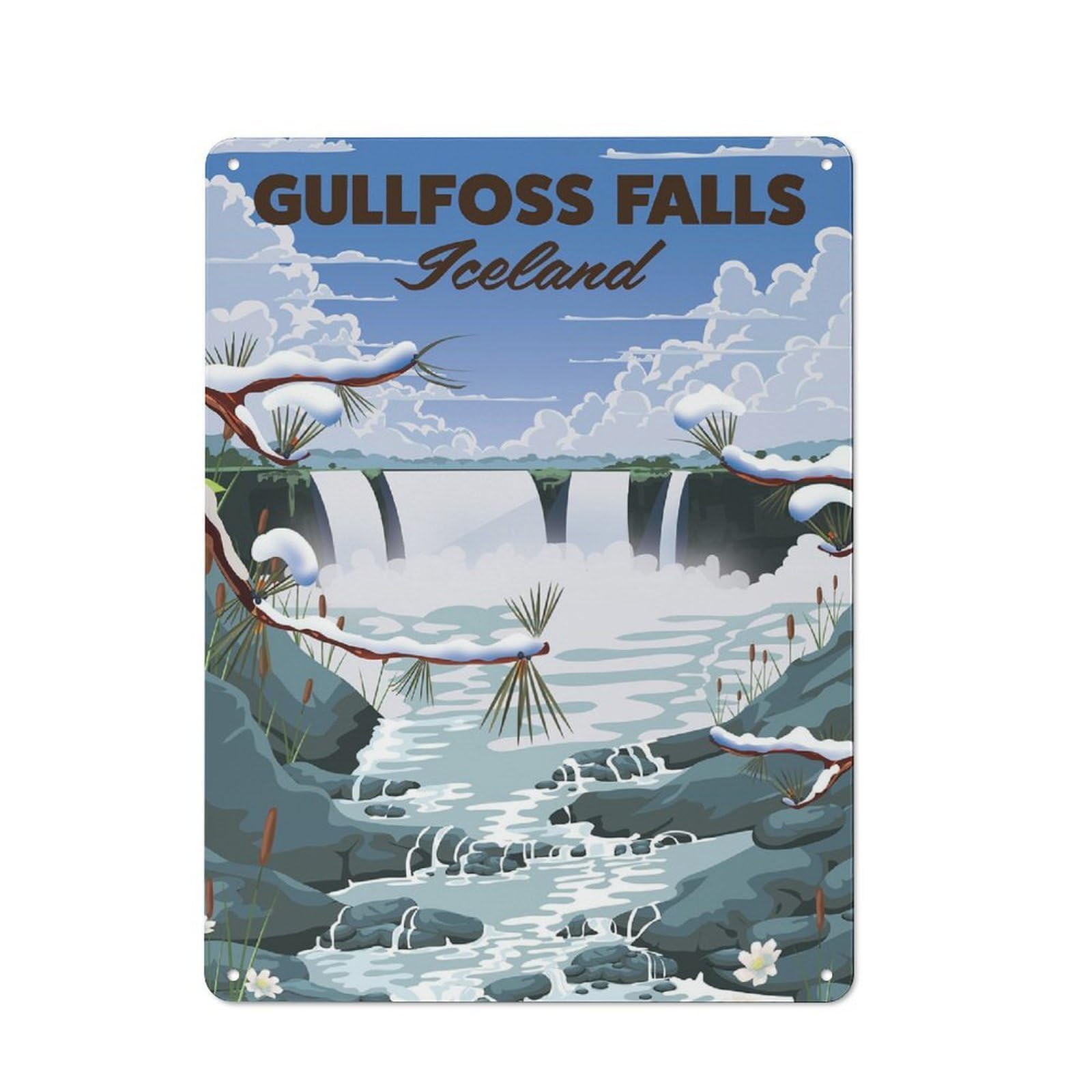 Junmoney Gullfoss Falls Iceland Metal Plaque 40X30cm With For Hallway Wall, Retro Decor, For Themed Interiors In Hallways And Entrance Areas