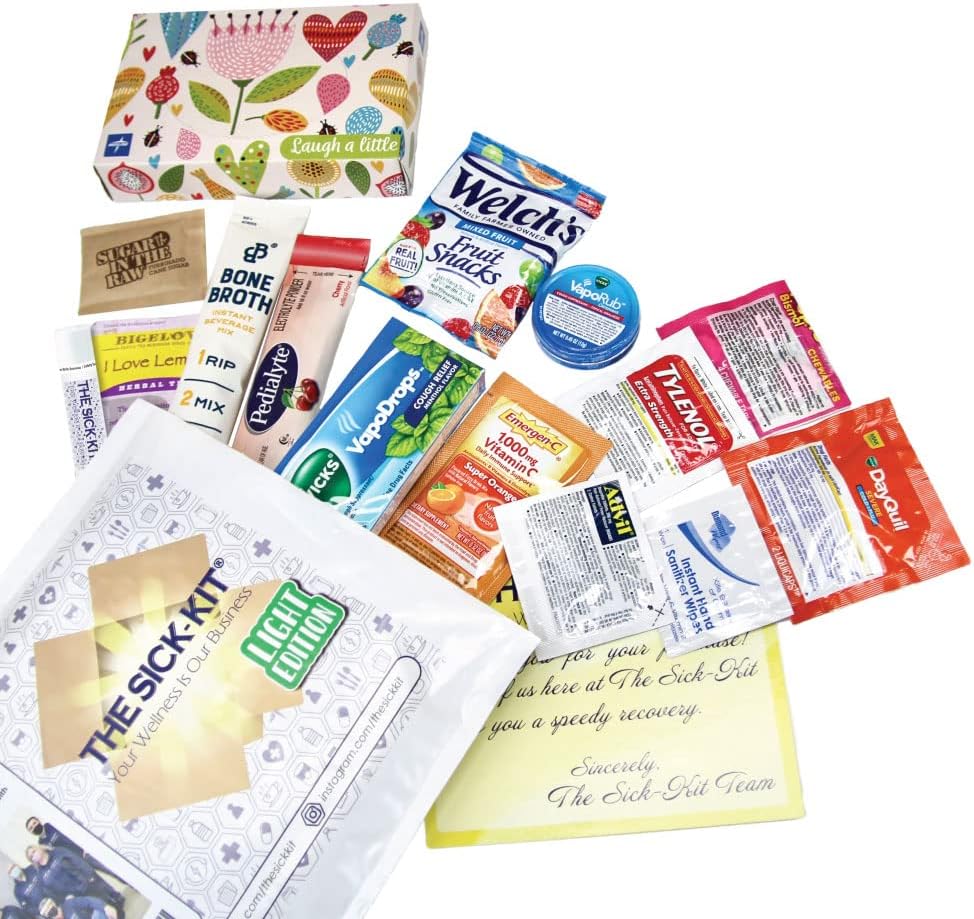 THE SICK-KIT - 15+ Feel Better Essentials for Cold, Flu, Sick Days, Quarantine & Surgery Recovery - The Original Wellness Box - Get Well Soon Gift Set Baskets - Light Care Package 16 pc