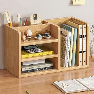 Bookshelf for Desk, Desktop Organizer with Drawer,Office Desk Organizers and Accessories Storage Home Decor Display for Gifts (Wood Color 40cm)