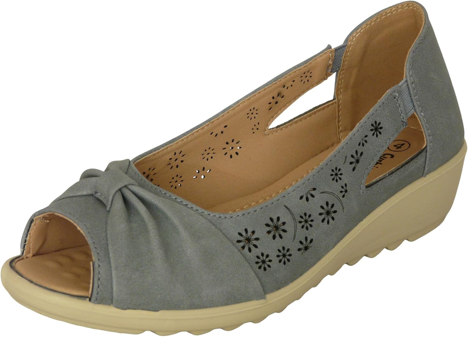 Cushion Walk EEE Fitting Wide Fit Women’s Ladies Lightweight Slip-on Faux Leather Low Wedge Open Peep Toe Shoes Sandals with Bow