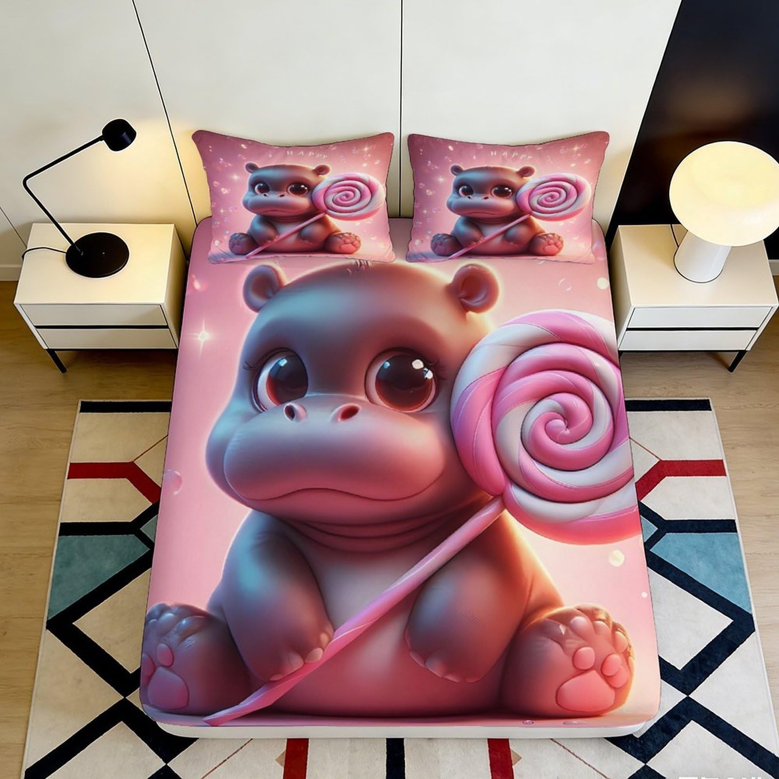 Pnayamiorkfel Style-7 3D Printed Cute Hippo Fitted Sheet Microfiber Soft Pink Lollipop Bed Cover For Bedroom Dorm Mattress Decor Protection 90X200x25cm