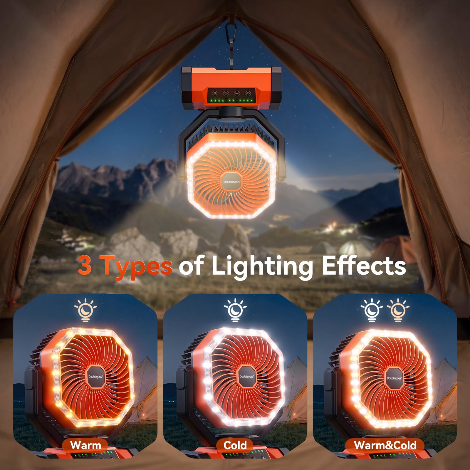 Doublepow Ventilador de camping de 20.000 mAh con luz LED, ventilador de mesa portátil con control remoto y gancho, oscilante automático, 4 velocidades y temporizador, funciona con batería recargable