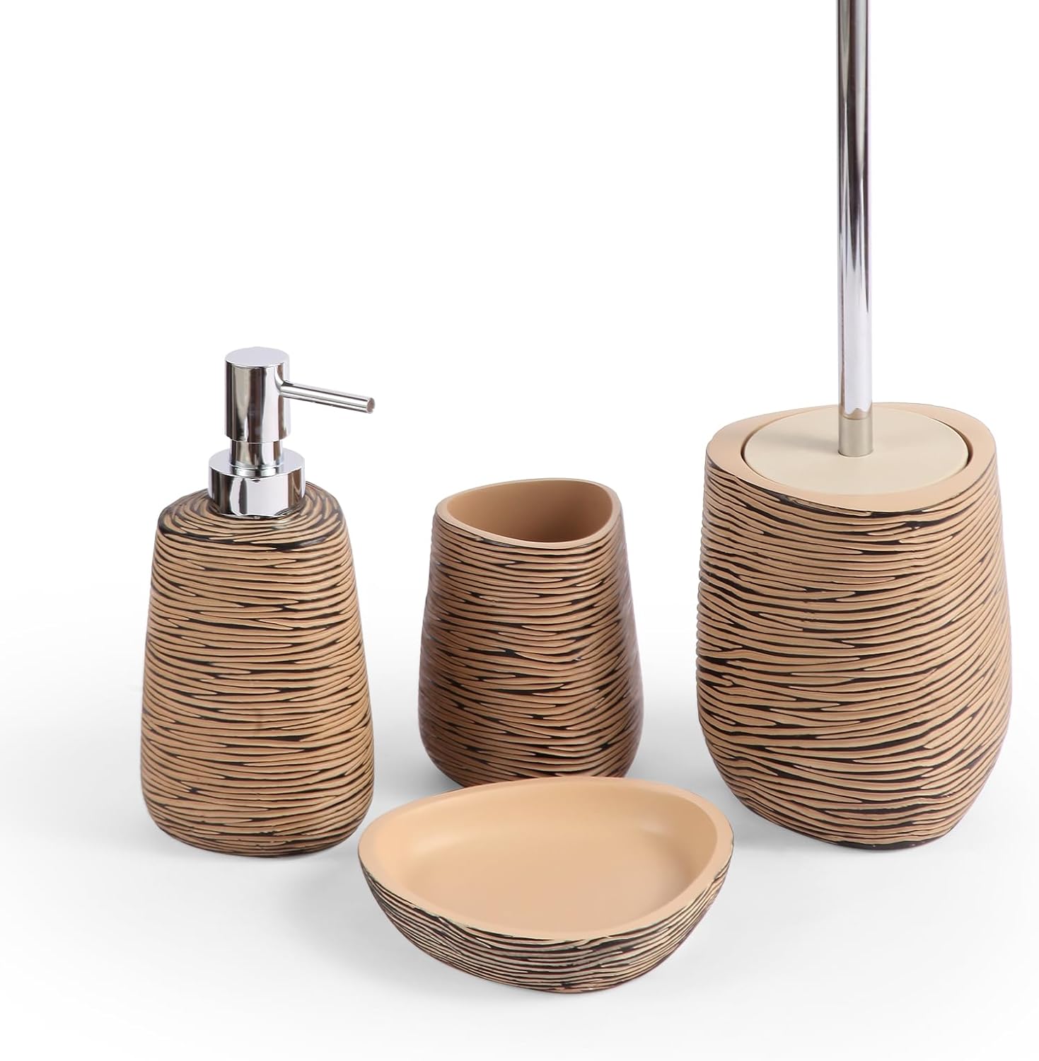 Modern Bathroom Accessory Set, 4 Pcs Bathroom Accessory Set - Soap Dish,Lotion Dispenser,Toothbrush Cup,Toilet Brush & Holder (Light Brown)