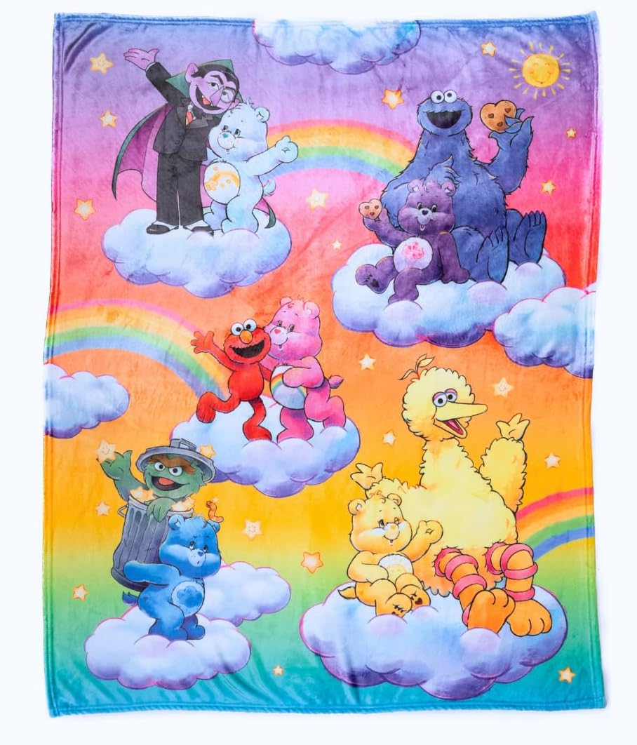 Care Bears x Sesame Street Nostalgic Kids Bedding Super Soft Cozy Plush Throw, 46 in x 60 in, (Officially Licensed Product) by Franco