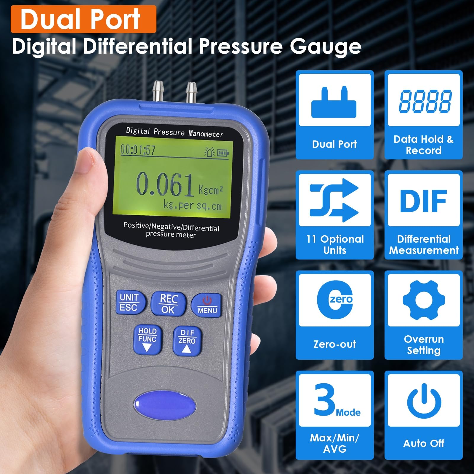 Manomètre Différentiel Numérique ±206.8KPa, Kethvoz Testeur de Pression de Gaz à Deux Ports Mesure de Pression Positive/Négative/Différentielle, avec Fonction d'alerte de Surpression, pour VMC System