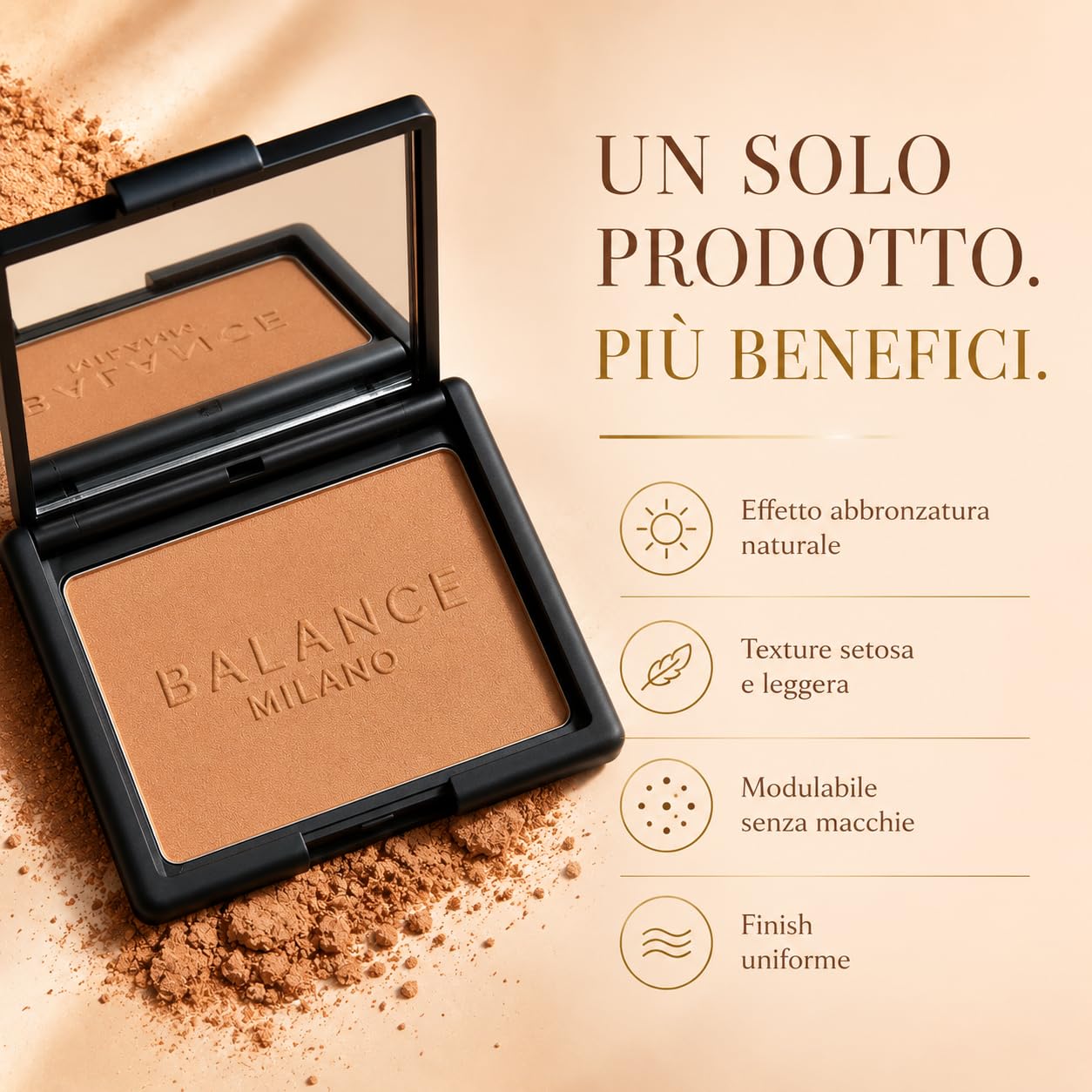 BALANCE MILANO 14g Bronzer in Polvere per Contouring Viso Made in Italy - Terra Abbronzante Effetto Sunkissed Naturale e Radioso - Olio di Jojoba, Mandorle e Vitamina E - Vegan & Talc Free - Make Up