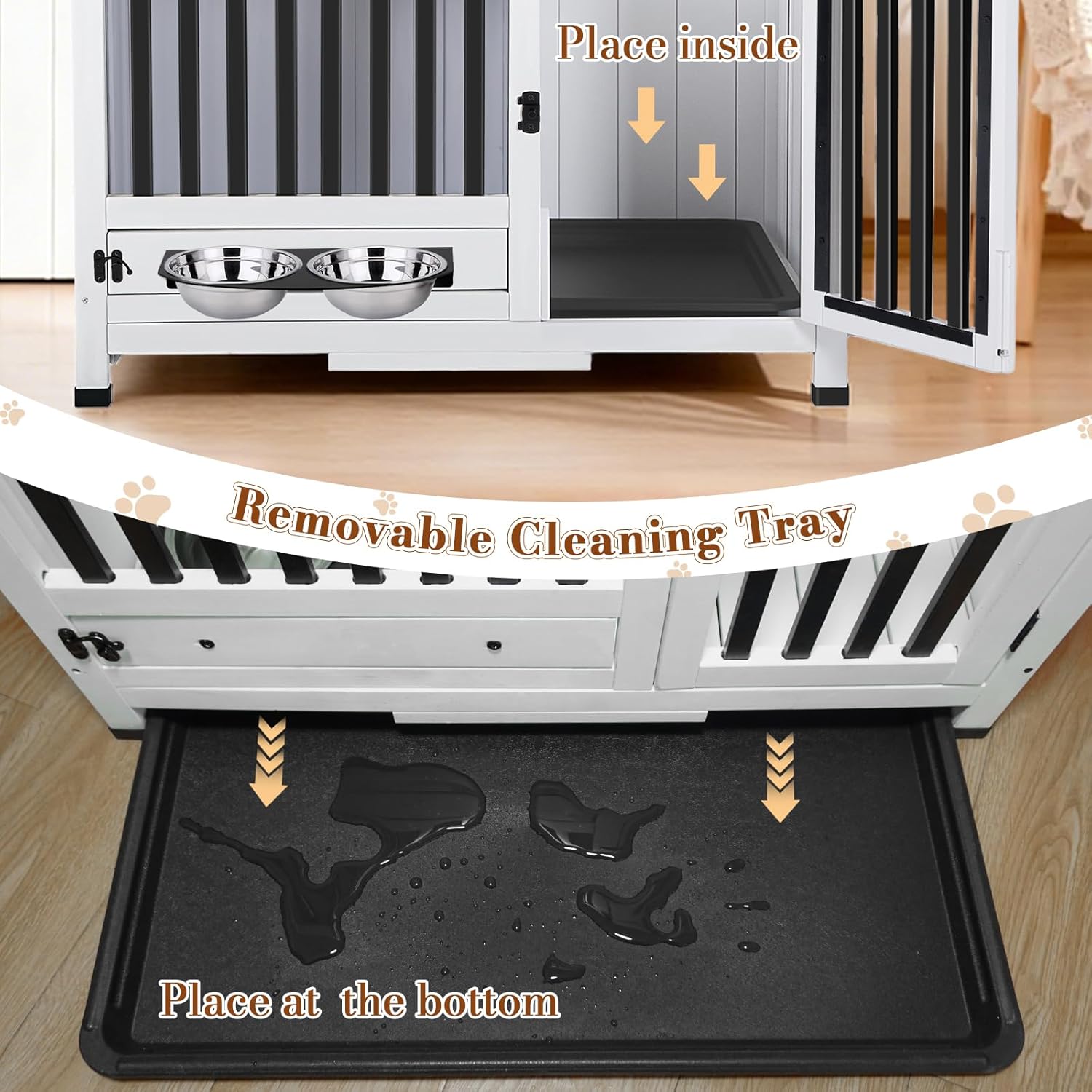 Dog Crate Furniture for Small and Medium Dogs, Decorative Wooden Dog Cage Indoor Pet House Side Table with 360° Swivel Feeder