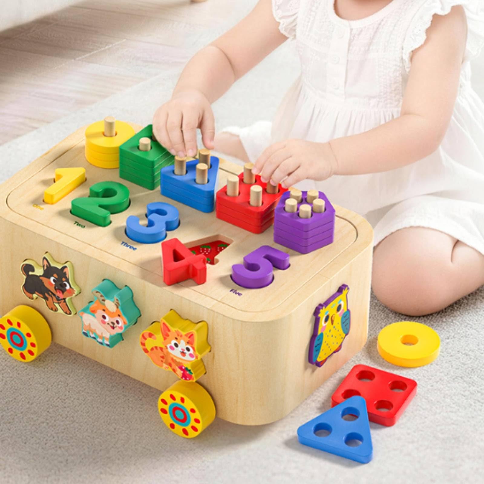 Amagogo Spielzeug Auto Sortierspiel Lernblöcke Zahlensteck Spiel Geometrische Bausteine pflöcke Tierbilder Problemlösung Förderung für