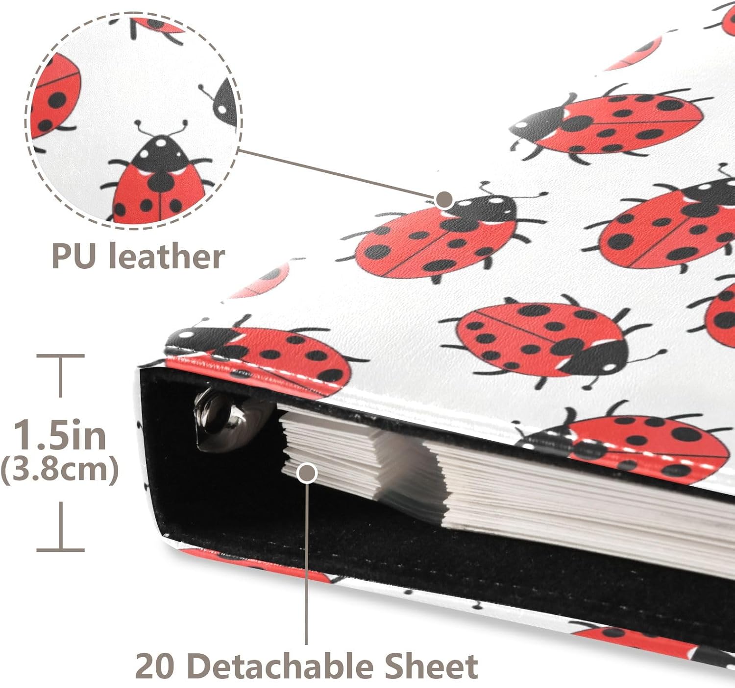 JIPONI Little Ladybug Pattern Large Photo Album, DIY Leather Cover Scrapbook Albums for 4x6 5x7 6x8 Pictures, Self Adhesive Memory Book for Wedding, Baby, Family