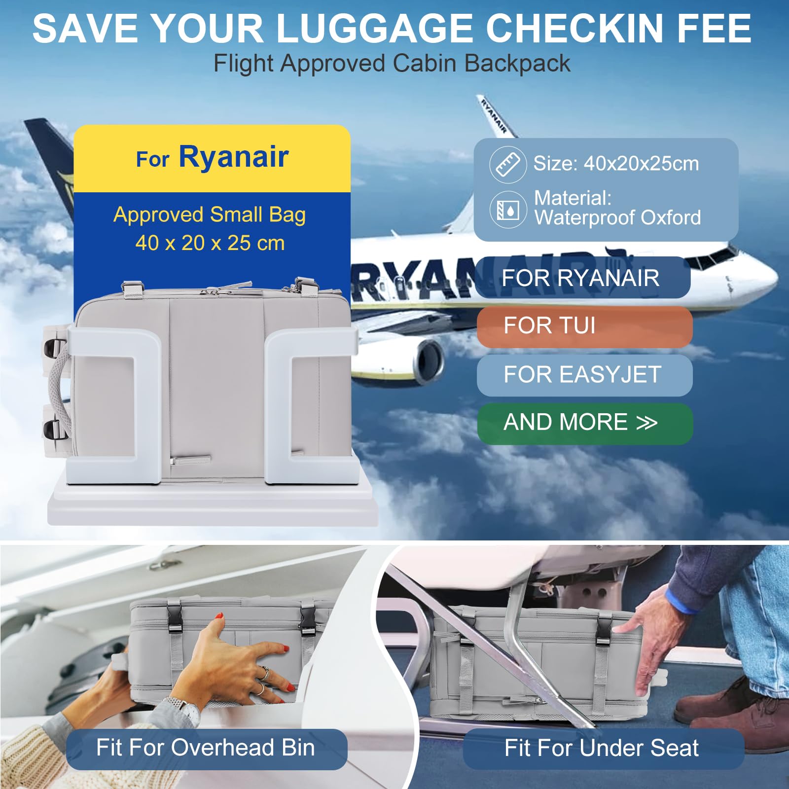 SZLX Zaino Ryanair 40x20x25 Donna Zaino da Viaggio Bagaglio a Mano 20L Uomo Borse da cabina 45x36x20 Easyjet Travel Backpack Adatto a laptop da 14 Pollici con scomparto per scarpe per Lavoro e Scuola