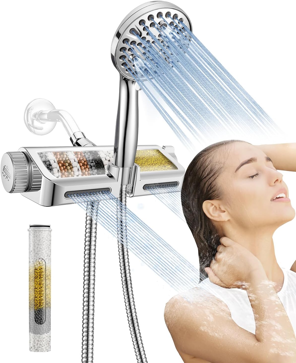 MakeFit Filtered Shower Head with Handheld Combo - Dual 2-in-1 Spa System with Massage Shower and 10 Modes Hand Held Shower High Pressure with Built in Power Wash Mode (Chrome) 10 Modes Chrome