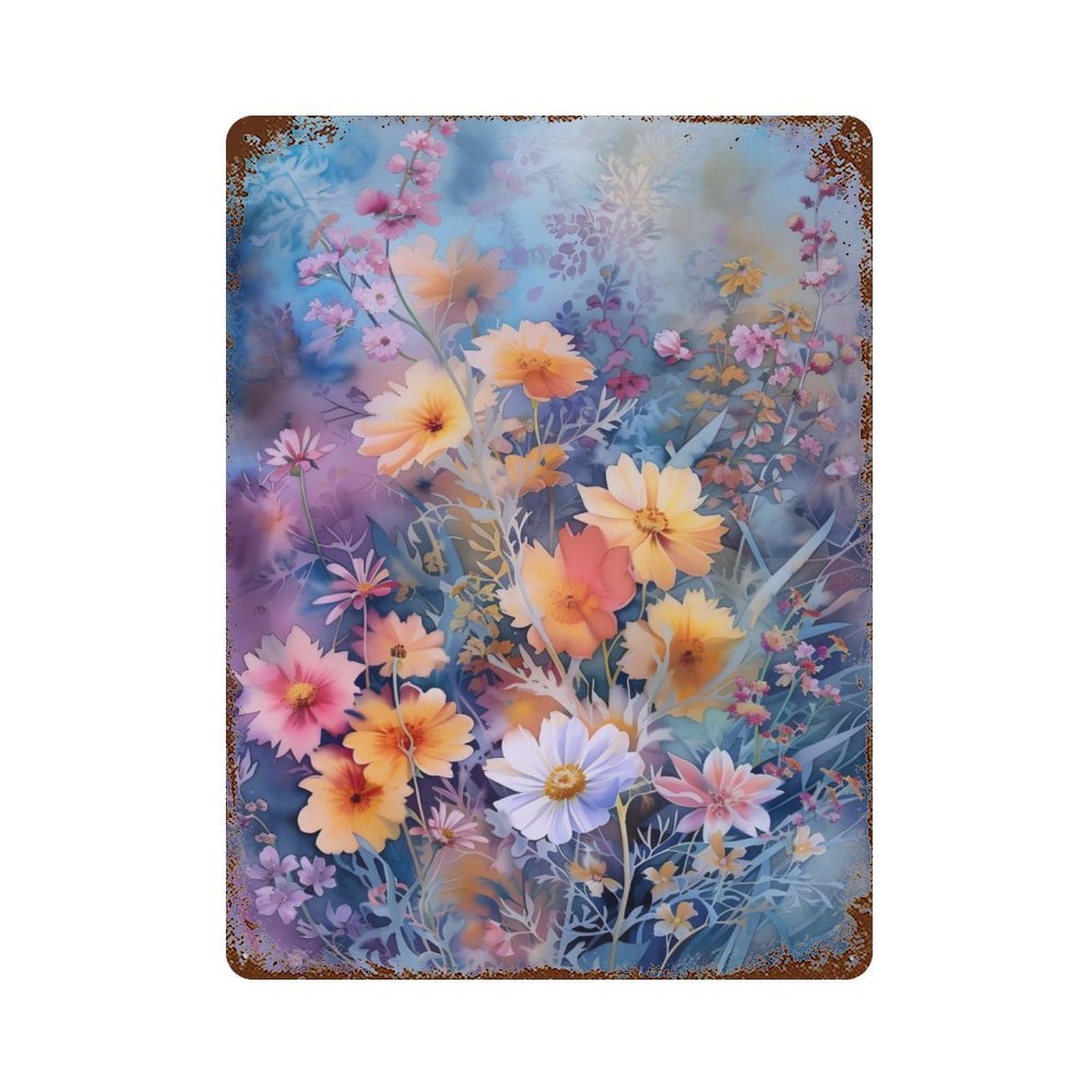 Rusty Metal Tin Sign Watercolor Flowers 15.7"x11.8", Industrial Home Decor for Patio, Garden Room And Bar Decor