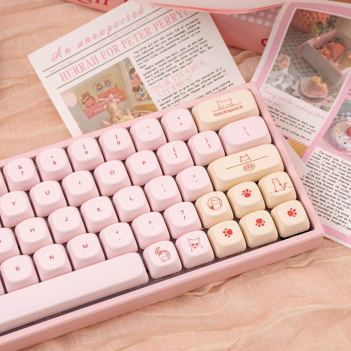 MOA Profile PBT Keycaps, Cute Pink Cat Keycaps Set, 128 Keys Custom Round Keyboard Cap, Dye-Sublimation Minimalist Key Cap Comaptible with 61/64/87/104/108 Cherry MX Switches Mechanical Keyboards
