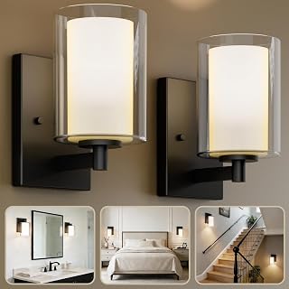 Kalium Matte Black Wall Sconces Set of 2 - Modern Double Clear Glass Vanity Lights, Dimmable E26 Farmhouse Sconces for Bathroom Bedroom Hallway