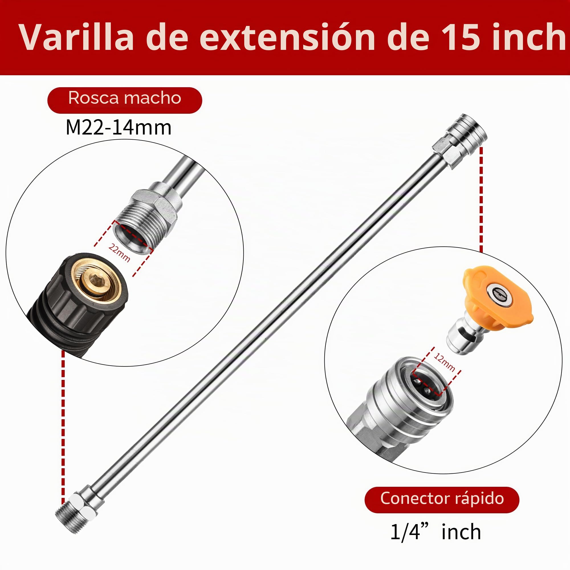 FENG PAI - Pistola de lavado a presión con varilla de extensión de 38,1 cm y manguera de 7,6 m, 5 puntas de boquilla de conexión rápida, repuesto de manguera y varilla para lavadora a presión, racor
