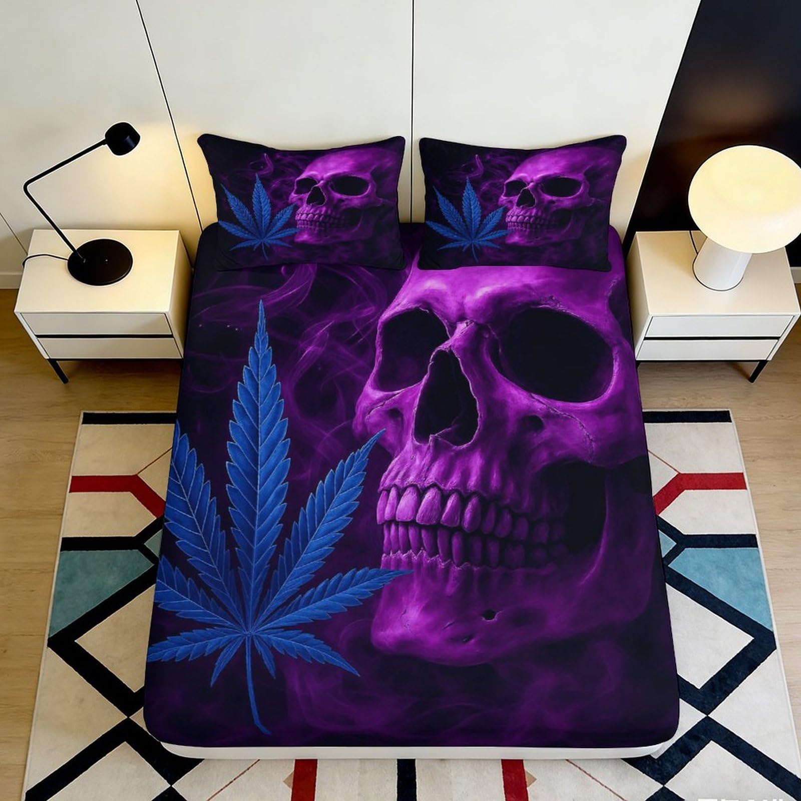 3D Printed Purple Skull Microfiber Fitted Sheet Non-Slip Deep Pocket Bedroom Purple Skull Mattress Fitted Cover Washable 200x200x25cm