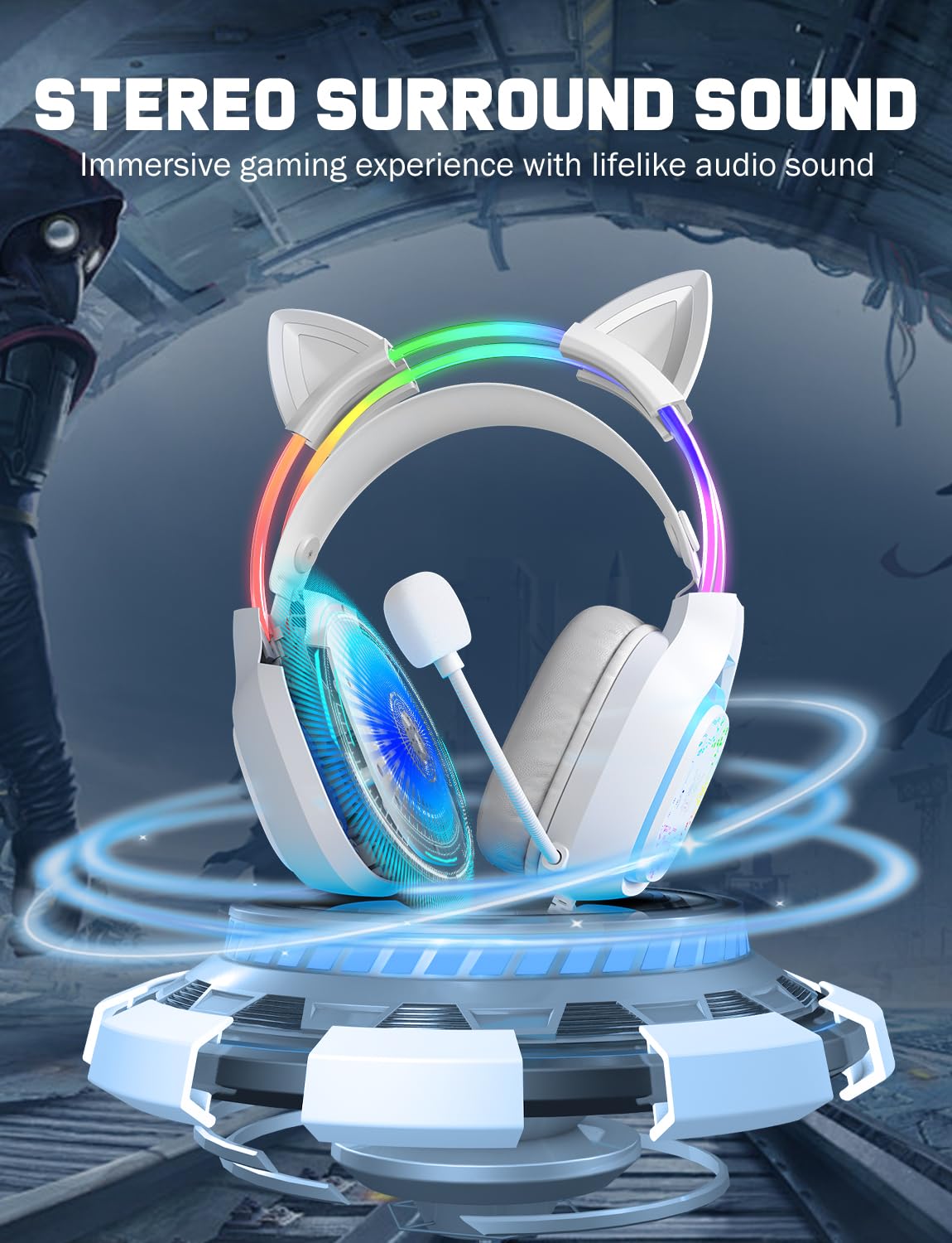 ONITOON Gaming Headset with Microphone, RGB Lights, Detachable Cat Ear, Lightweight Over-Ear Headphones with Adjustable Headband for PC, PS4, PS5, Mac, Switch, Surround Sound, in-Line Control, White - 3