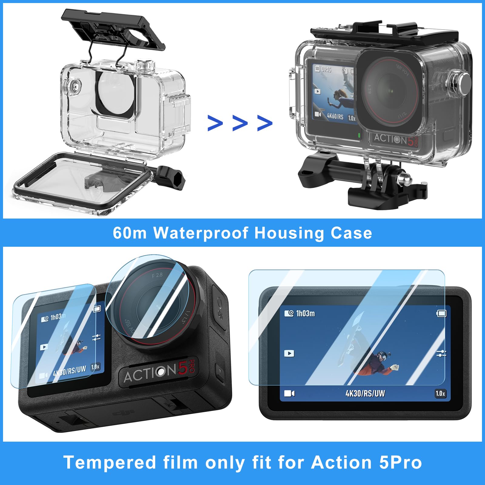 BMUUPY Accessories Bundle for DJI Osmo Action 5 Pro Action 4/3 Waterproof Housing Case Diving Silicone Cover Glass Screen Protector Film Whole Kit