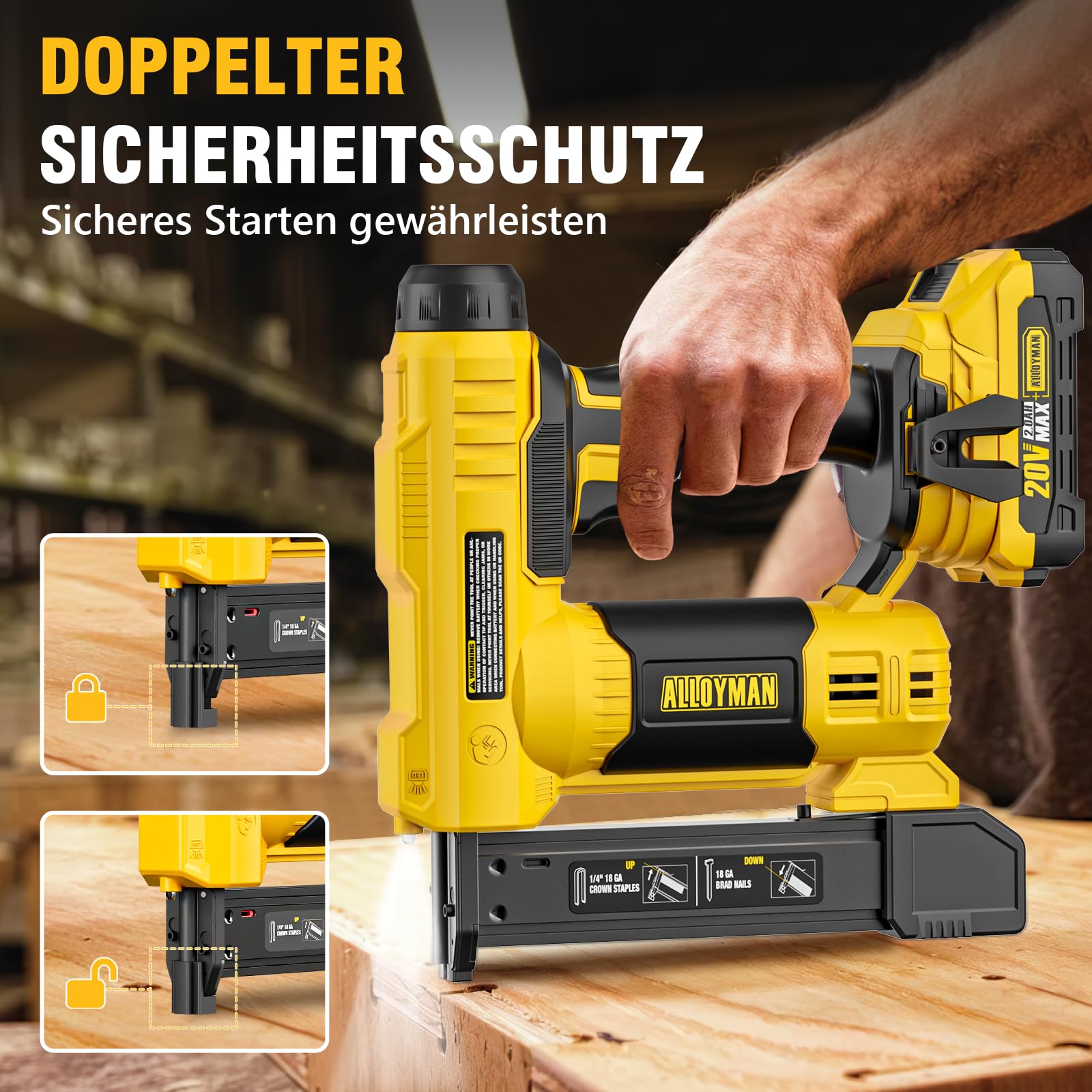 Alloyman 20V MAX Akku Nagler Nagelpistole und Tacker, 18 Gauge 2 in 1 Elektrotacker, mit 2,0Ah Akku und Ladegerät, 1000 Nägel und 500 Heftklammern enthalten, für Heimwerker und Holzarbeiten