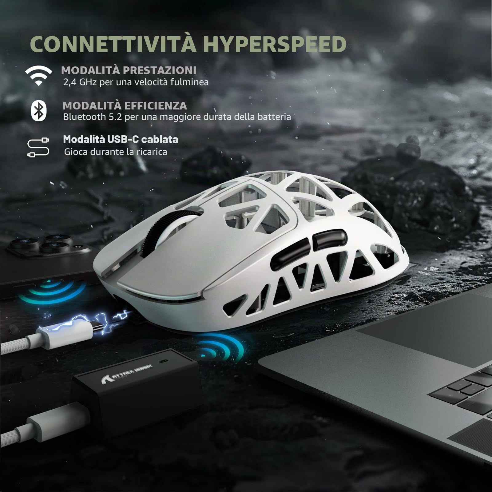 ATTACK SHARK R2PRO 45g SUPERLIGHT Gaming Mouse in Lega di Magnesio, PixArt PAW3950, 42000DPI, Wireless 8000Hz Tasso di Polling, G502 Mouse da Gioco, 2.4G/BT/Cablato, con Cavo a Spirale, PC/Mac, Bianco