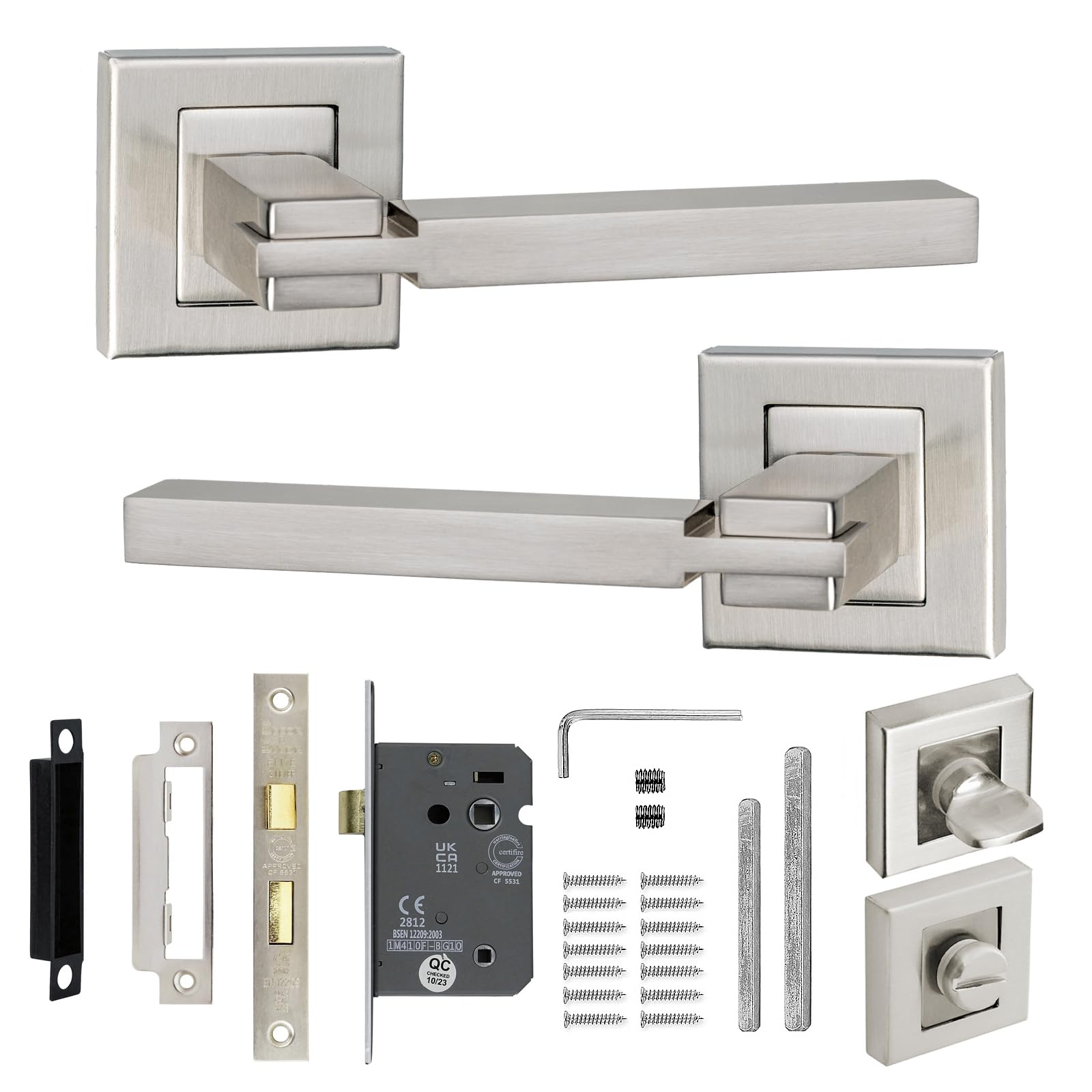 Decoranddecor Nexus Brushed Chrome Internal Door Handles – Aluminium Silver Handle Sets with Bathroom Lock and Turn Release – Sleek and Durable Design for Wooden Interior Doors