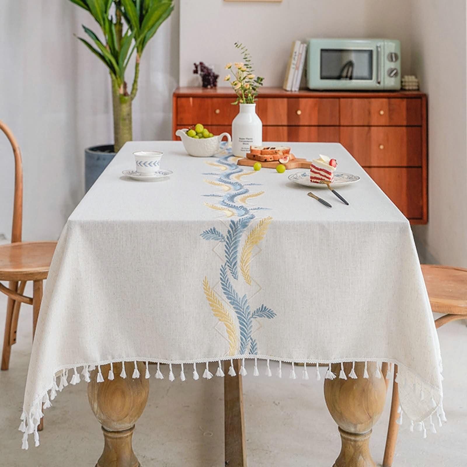 Rechteckige Tischdecke Blau Gelb 140 x 240 cm, Leinen Baumwolle Blattstickerei mit Quasten, Tischdeko Garten
