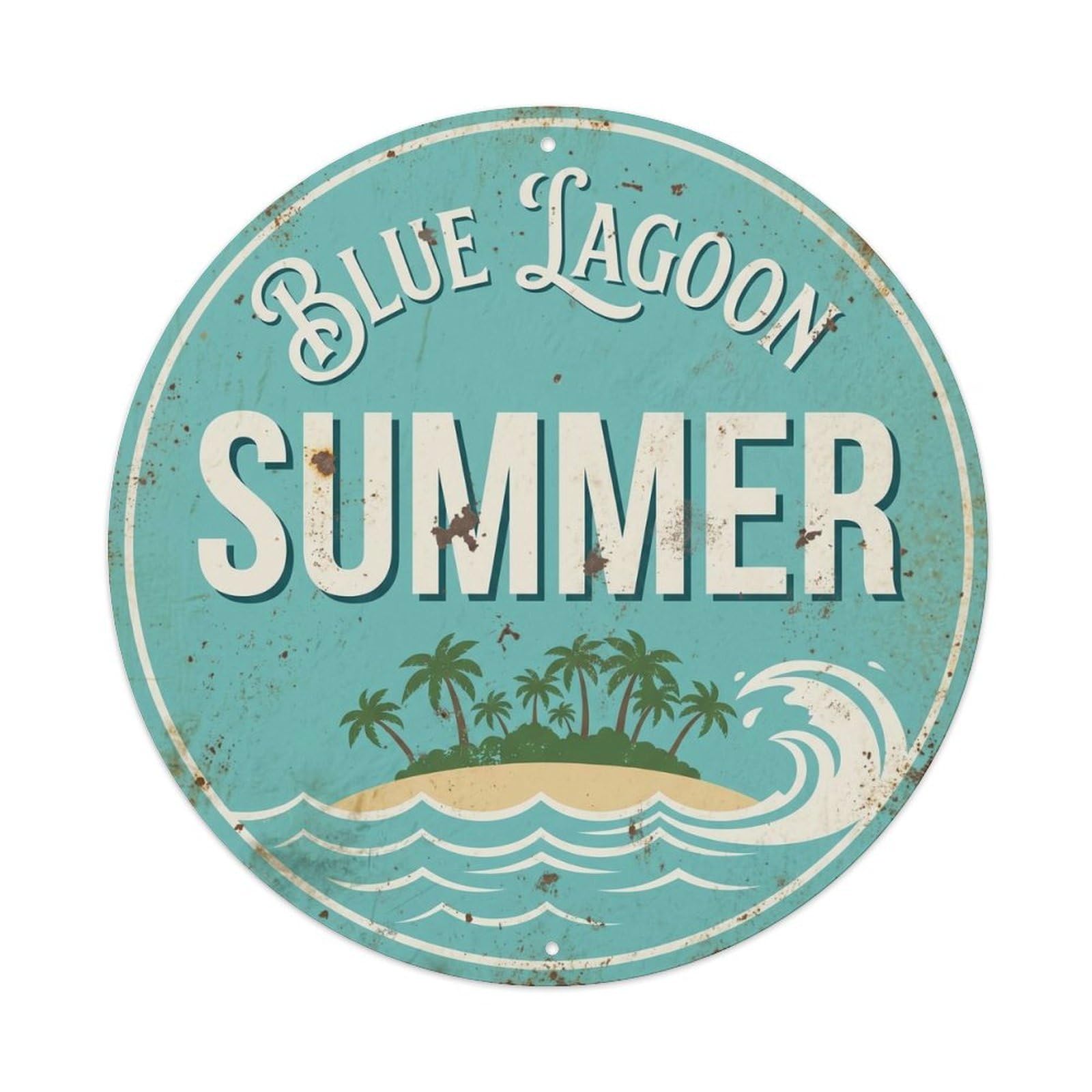 Blue Lagoon Summer Vintage Metal Tin Sign Plaque Wall Decor for Cafe, Club, Garden Round Metal Poster 8x8Inch