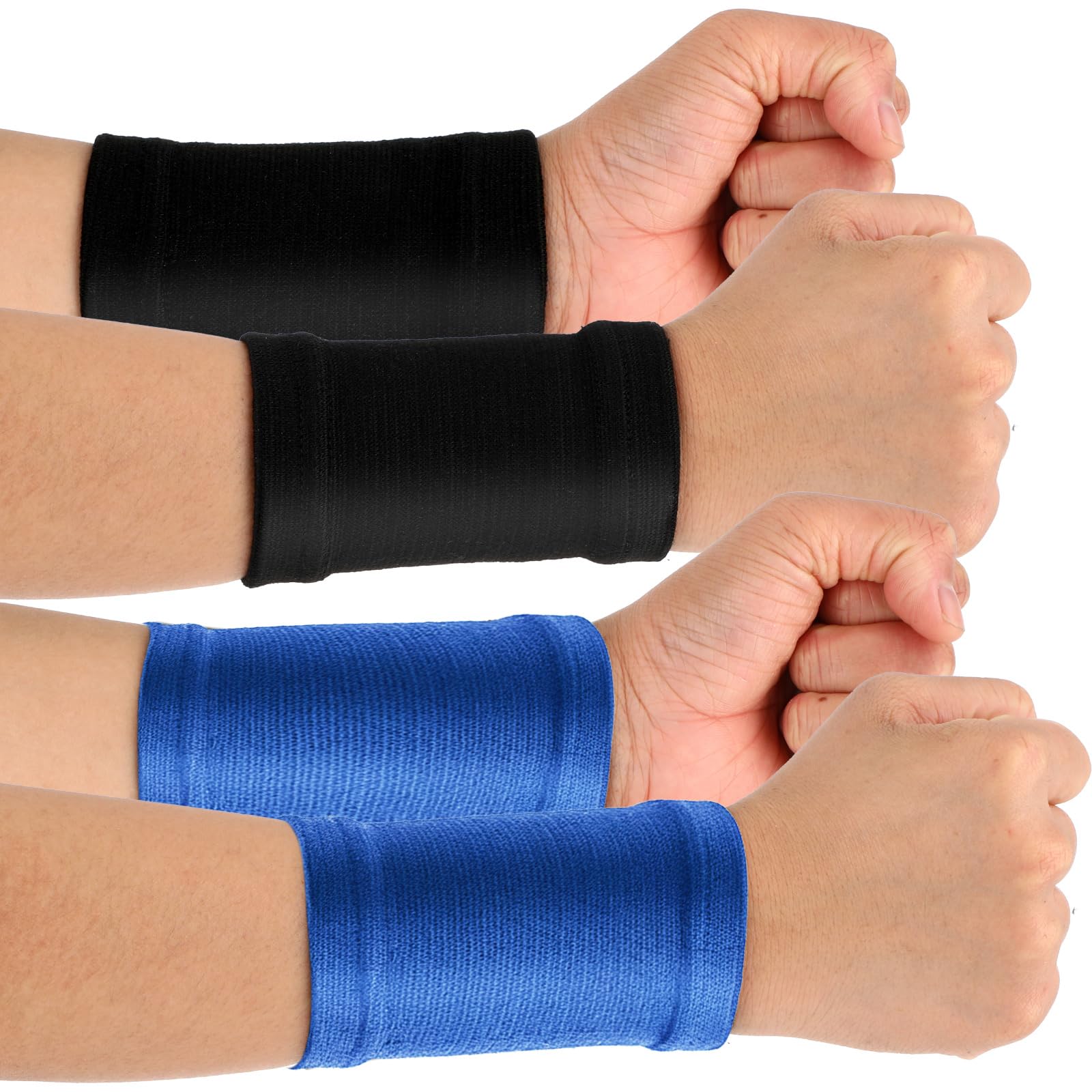 Wrist Compression Sleeve, 2 Pairs Spandex Soft Elastic Wrist Brace Hand Band Sport Support Wraps Arthritis Pain Relief for Men Women Work Gym Typing Golf Volleyball (Black + Blue)
