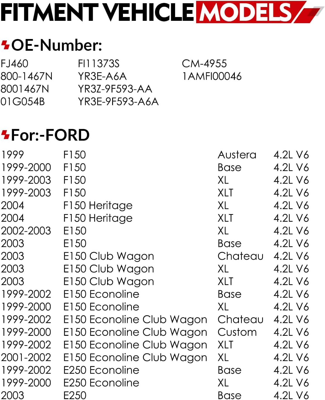 Fuel Injectors Fits for:-Ford F150 1999 2000 2001 2002 2003 4.2L, F150 Heritage 2004, E150 2002-2003, E150 Econoline 1999-2002, E150 Club Wagon 2003, E250 2003, E250 Econoline OE# FJ460 (6PCS)