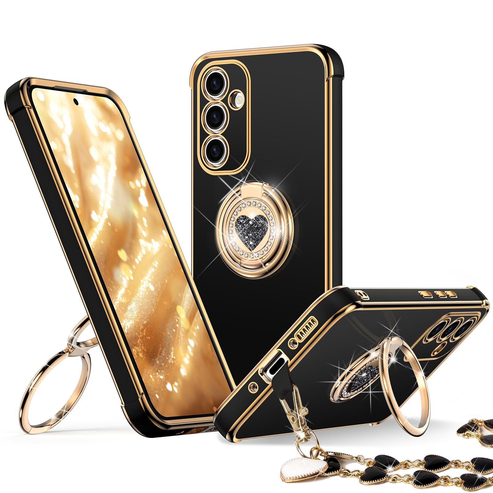 XYZ for Galaxy A54 5G Case with Stand, for Samsung Galaxy A54 5G Case with Double Ring, Women Girls Bling Luxury Protective Phone Case Heart for