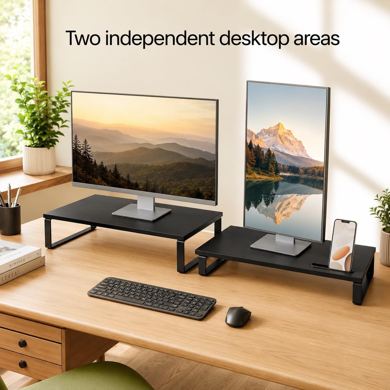 Supporto per doppio monitor, lunghezza e angolazione regolabili, organizer da scrivania ergonomico con supporto per smartphone e cuscinetti antiscivolo, carico 50 kg, supporto per monitor in