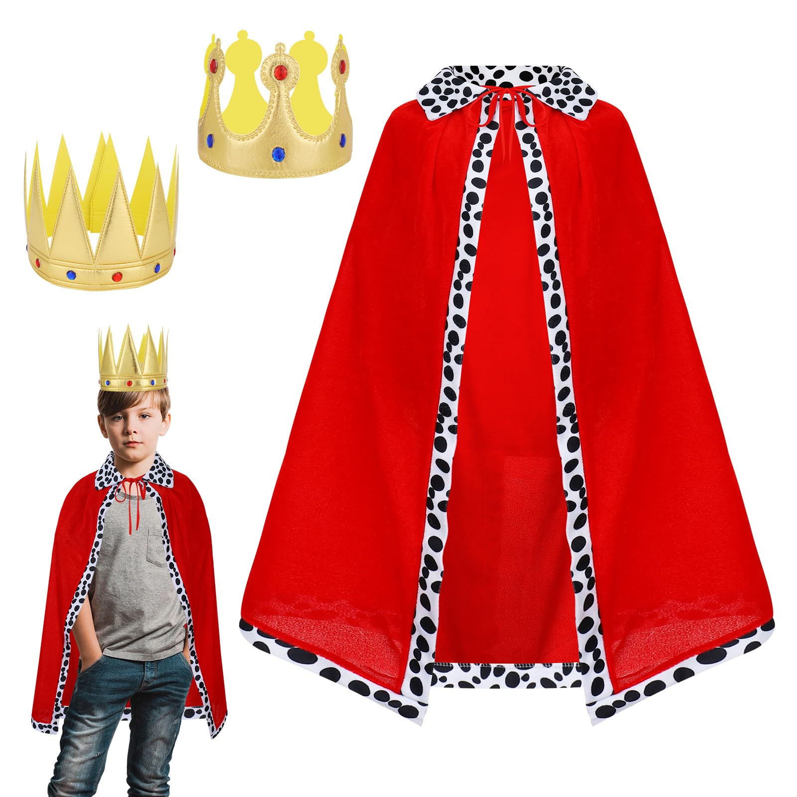 umorismo King Costume Set for Kids, 3Pcs Prince Cape and Prince Crown, 80cm Prince Cloak for Prince King Role Play, Halloween Prince Costume, Medieval Prince King Stage Performance