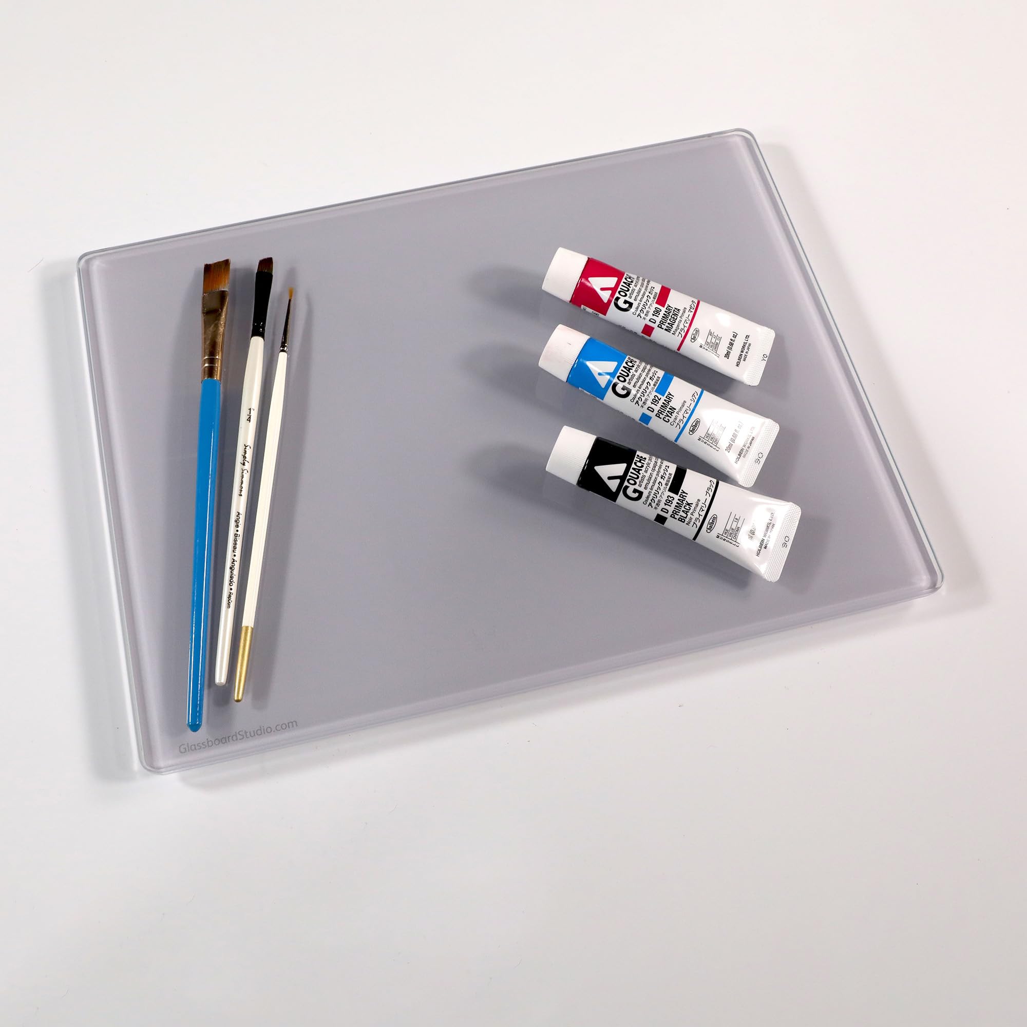 GLASSBOARD STUDIO Paleta de pintura de vidrio templado ultra transparente para pintura acrílica y al óleo, 1/4 pulgadas de grosor, baja plancha, pies antideslizantes y respaldo de metal para uso con