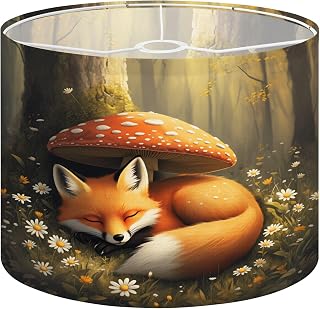 Linen Drum Lamp Shades 1 Pack, 13’’Wx10’’H, Sleeping Fox Under Red Mushroom Serene Forest Daisies Replacement Lampshades for Floor Lamps Table Lamps Modern Farmhouse Lampshade Easy Assembly