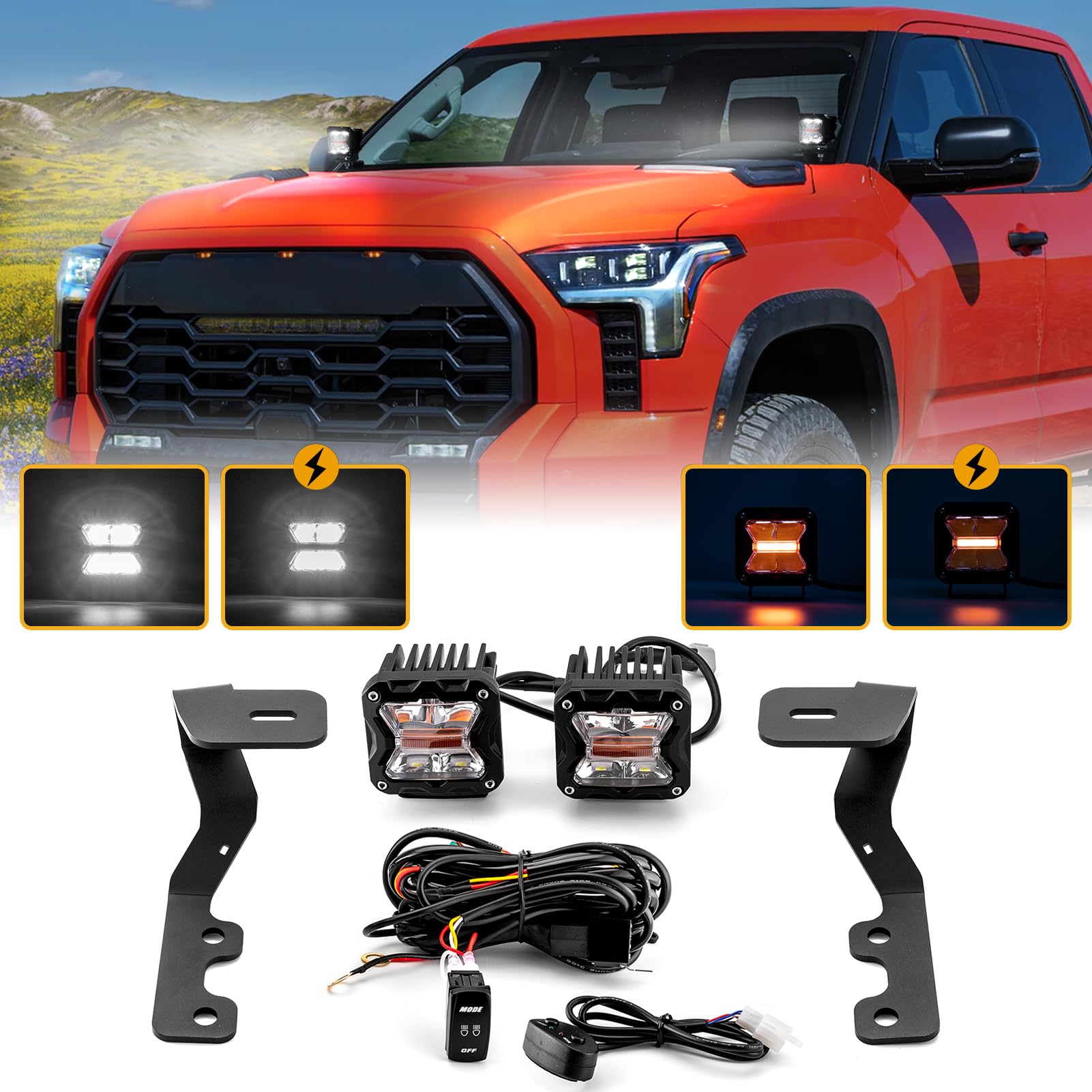 WeiSen Ditch Hood Light Mounting Brackets Kit with 3 Inch LED Light Pods Wiring Harness Compatible with Toyota Tundra 2022-2025