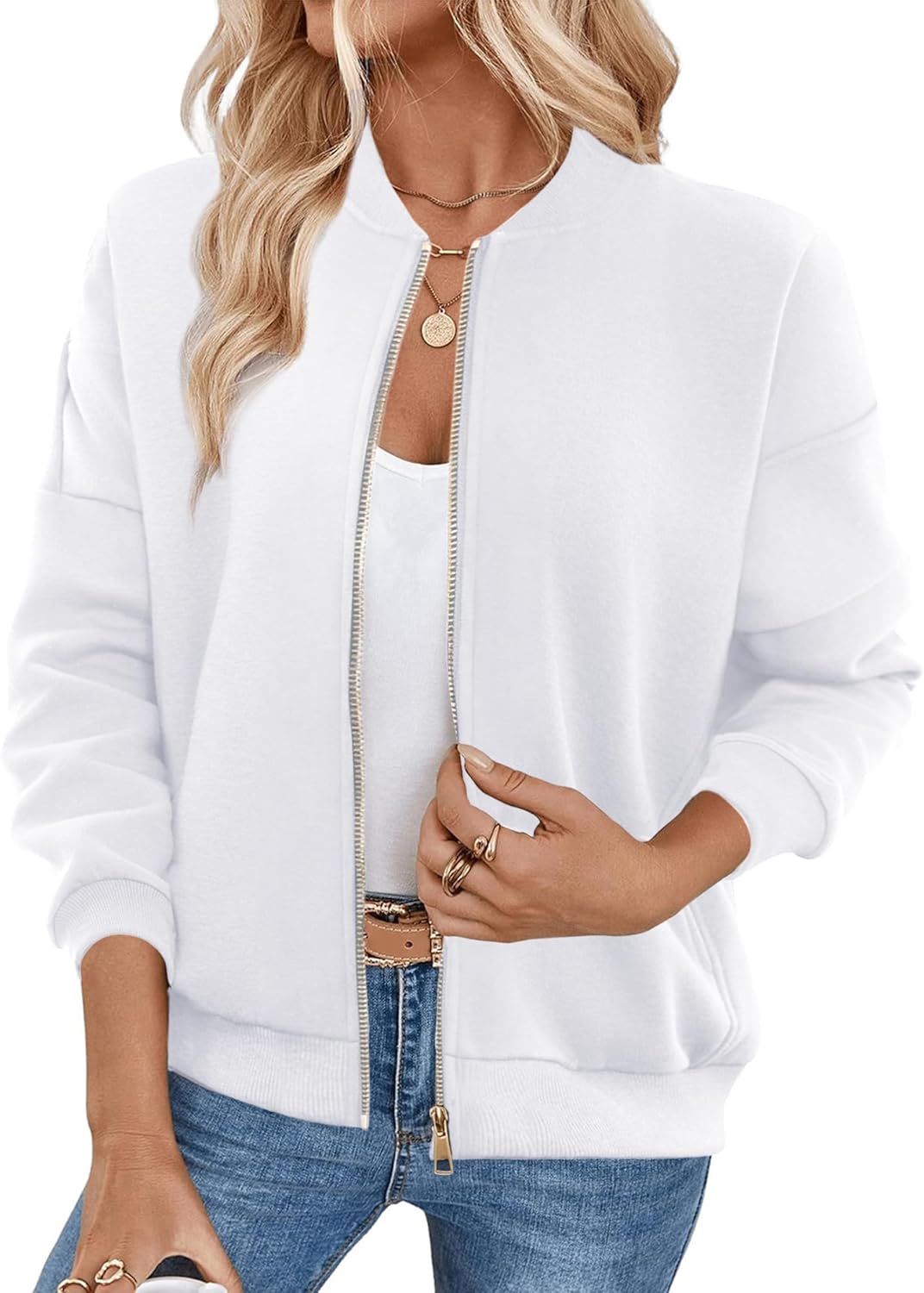 Womens Zip Up Sweatshirts Jackets Long Sleeve Casual Loose Outwear with Pockets White M