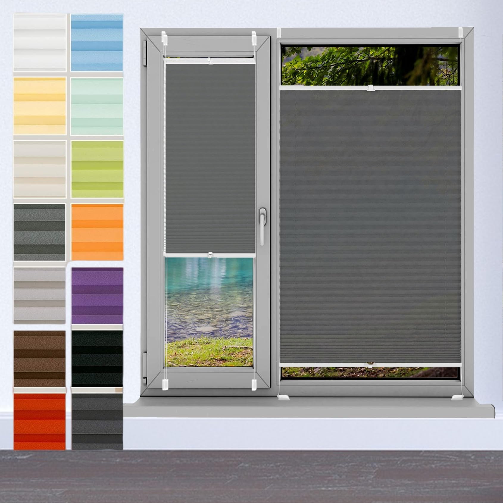Store plissé fenêtre gris anti regard sans percer pour fixation amovible de gîte