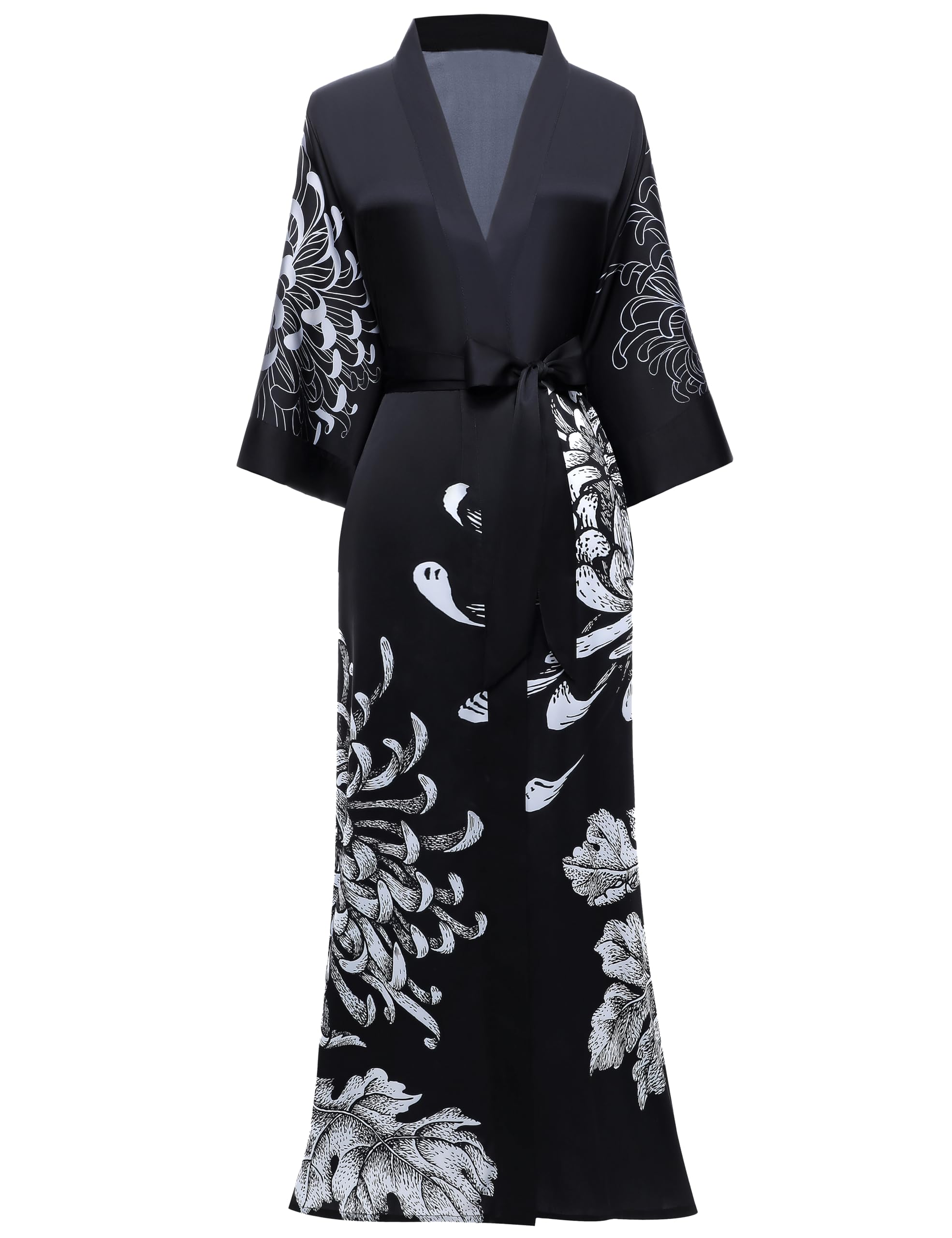 PRODESIGN Long Kimono Robe Satin Sleepwear Phoenix Handprinted Silky Kimono Nightgown Bathrobe Kimono Blouse Cardigan